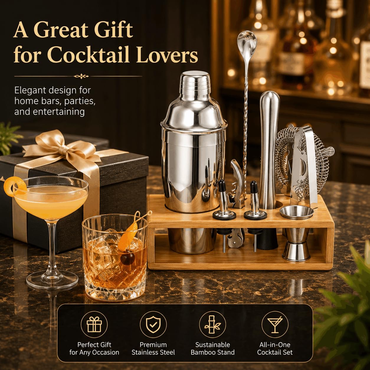 Cocktail Shaker Set, 18/8 Food-Grade Stainless Steel Mixology Bartender Kit 10-Piece Bar Tools with Stylish Bamboo Stand - Rust-Proof & Dishwasher Safe - Professional Martini Shaker Gift for Men, Dad