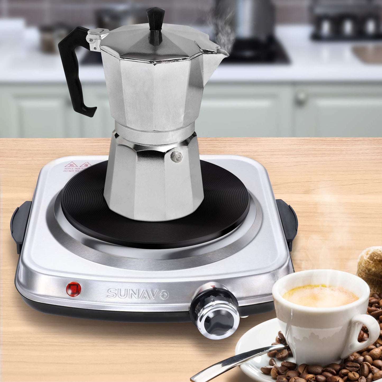 SUNAVO 1500W Hot Plates for Cooking, Electric Single Burner with Handles, 6 Power Levels Stainless Steel Hot Plate for Kitchen Camping RV and More Silver