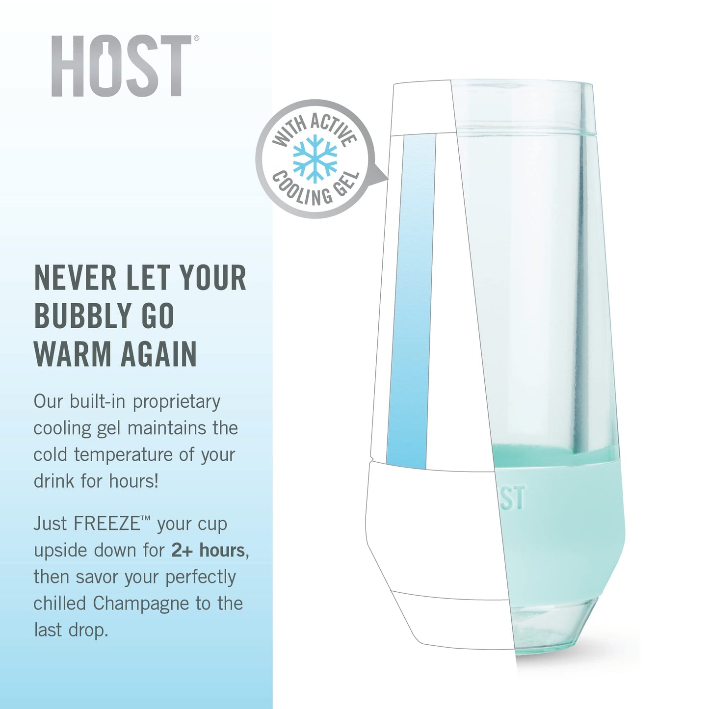 HOST Champagne Freeze Double-Walled Stemless Wine Glasses Freezer Cooling Cups with Active Cooling Gel and Insulated Silicone Grip - 9 Oz Plastic Tumblers, Seafoam Tint, Set of 2