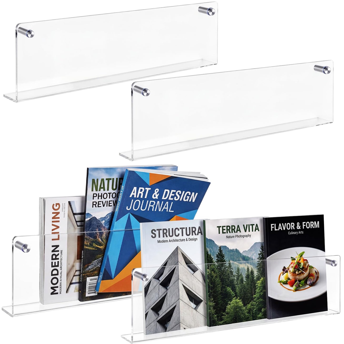 Fiwochic 2 Pack Clear Acrylic Magazine Holder Brochure Holder Wall Mount Hanging Bookshelf Literature Storage Rack for Document Brochure File Display Shelf for Waiting Living Room Office (24 Inch)