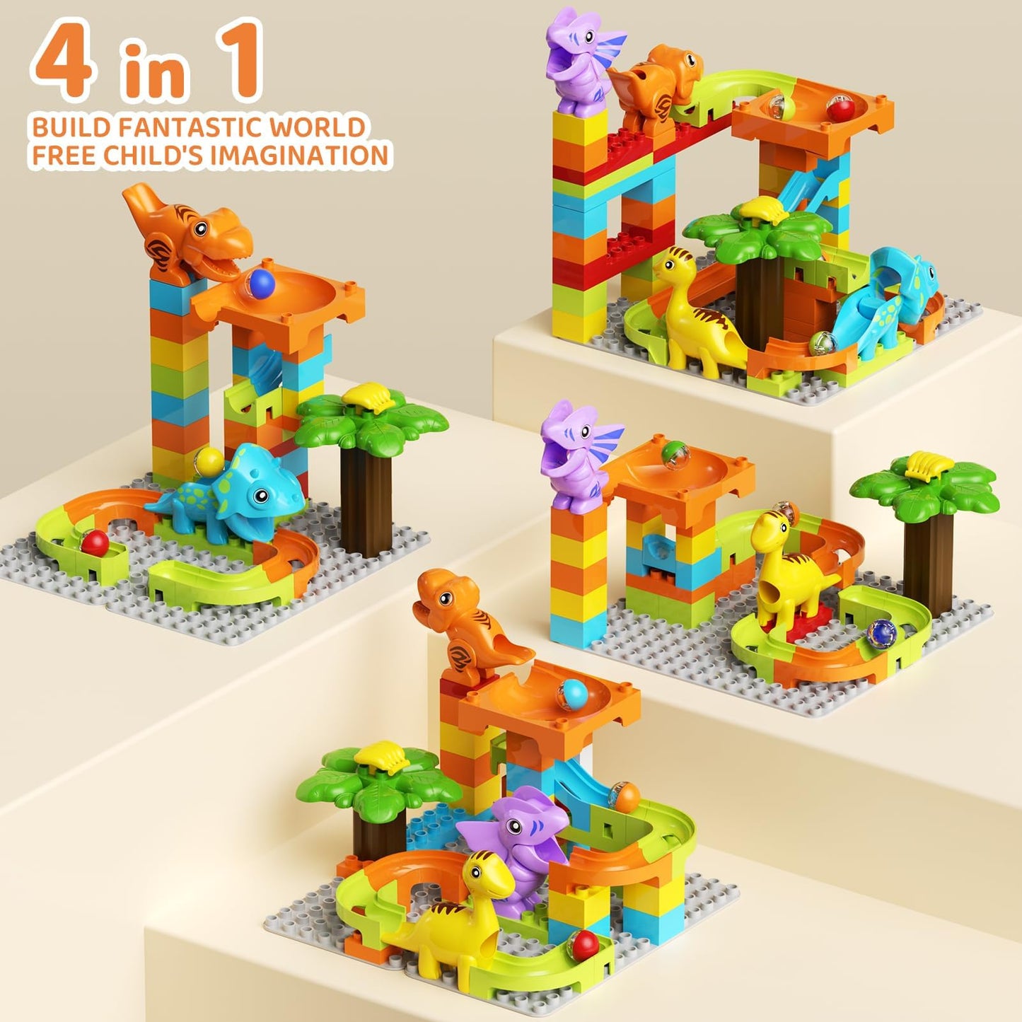 Marble Runs Building Blocks for Kids Dinosaur,Classic Big Blocks Educational Stem for Toddlers,Compatible with Major Brands Birthday Toys Gifts for Age 3 4 5 6 7 8+ Boys Girls