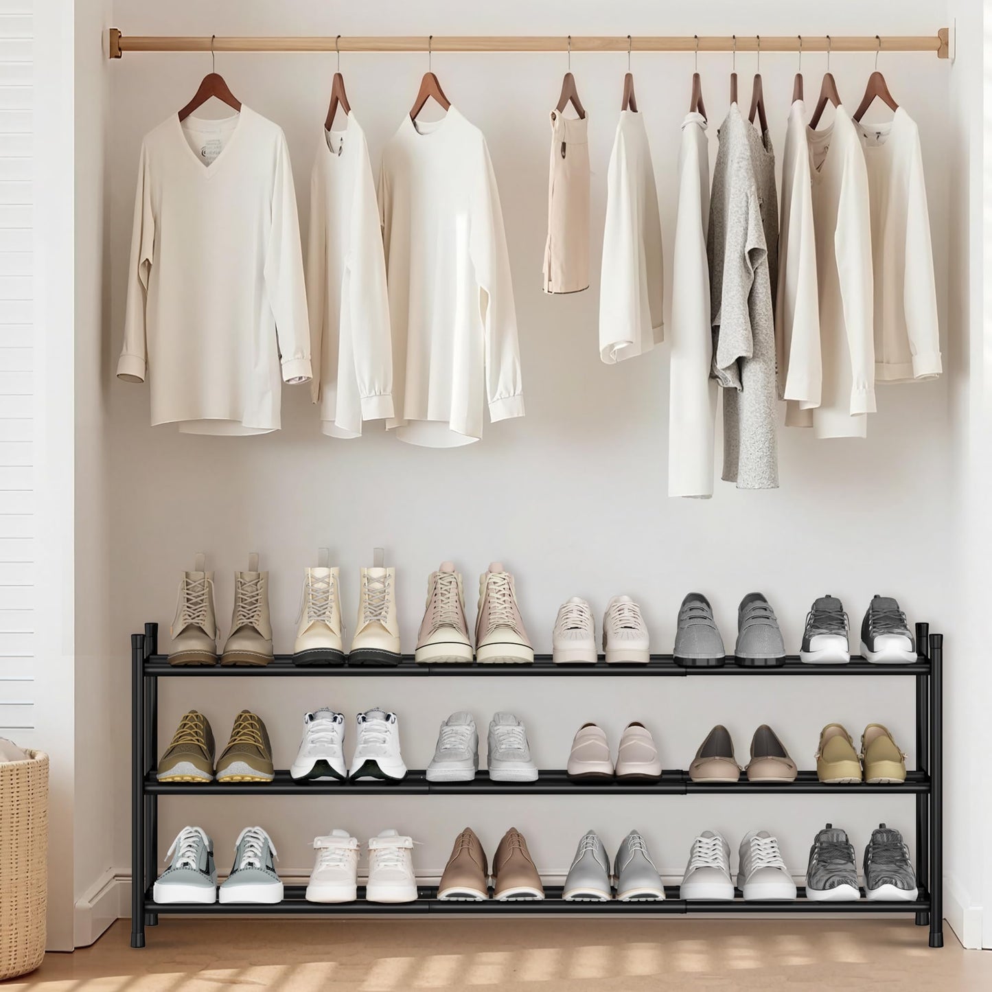STORAGE MANIAC Long Expandable Shoe Rack, 18 Pairs Metal Wide Stackable Shoe Rack, Adjustable Shoes Shelf, Freestanding Shoes Organizer for Closet, Entryway, Hallway, Garage, Front Door, 3 Tiers
