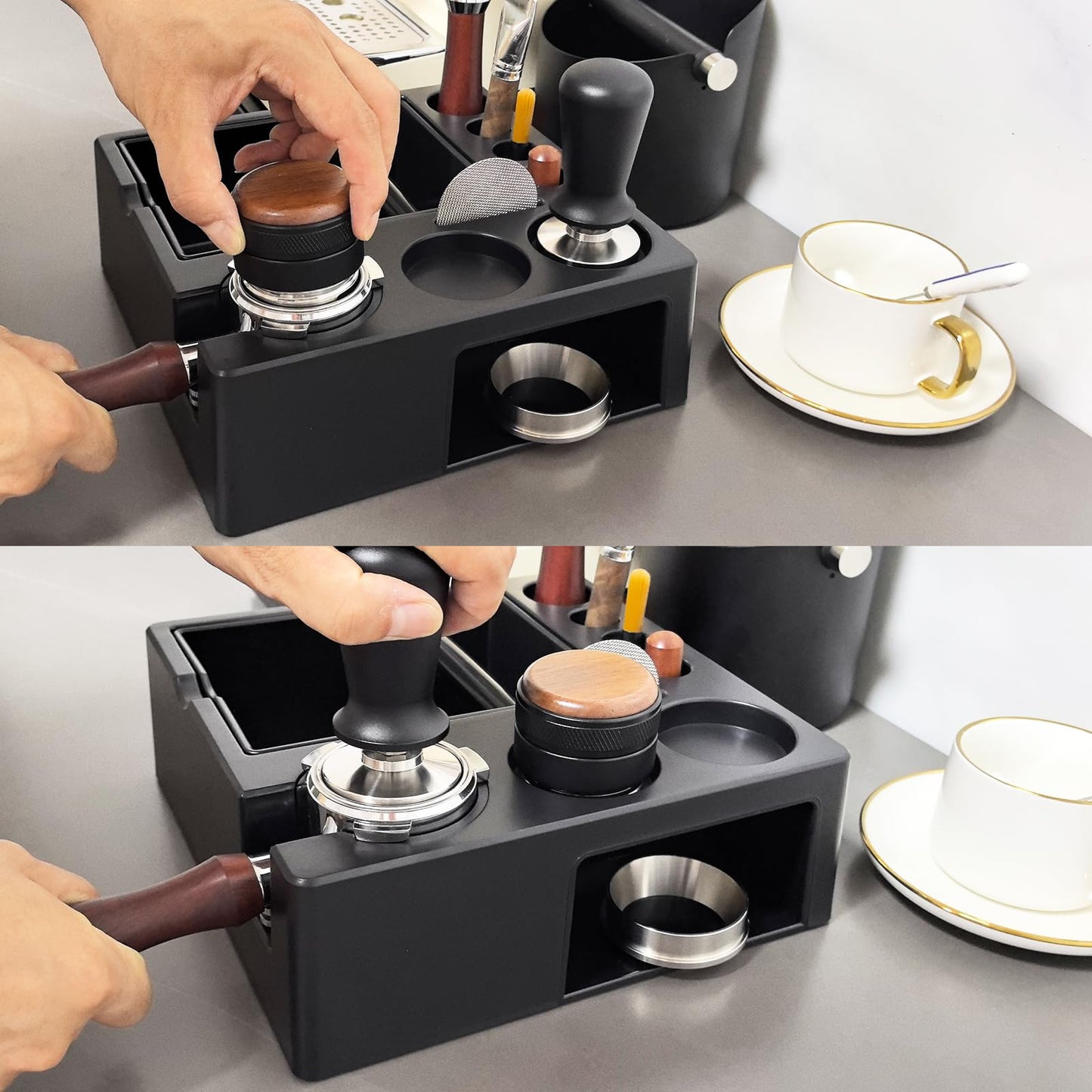 Espresso Tamping Station And Knock Box,ALL in 1 Espresso Organizer Station,Multifunctional Tamper Station Fit for 51/54/ 58mm Espresso Accessories,Removable Knock Box Espresso Station (Black, 51-58mm)