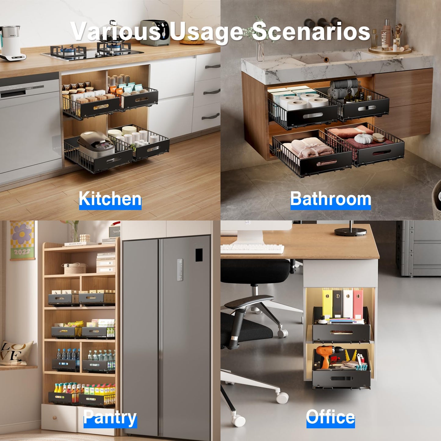 Mustorn 2 Pack Pull Out Cabinet Organizer, Slide Out Drawers for Cabinets, Peel and Stick, Heavy Duty Shelves for Kitchen, Cupboard, Pantry, Bathroom (16.5"D*11.8"W*3.94"H-Black)