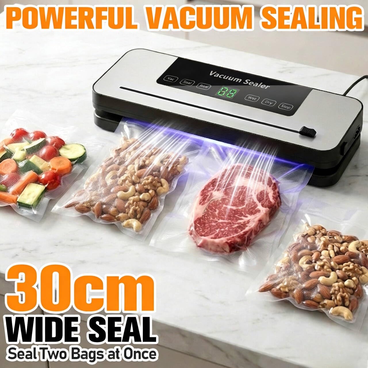 Vacuum Sealer Machine for Food with Built-in Cutter, 6-in-1 One-Touch Automatic Food Vacuum Sealer, Dry & Wet Modes, Digital Timer, Compact Food Saver Vacuum Sealer with 30 Bags Grey