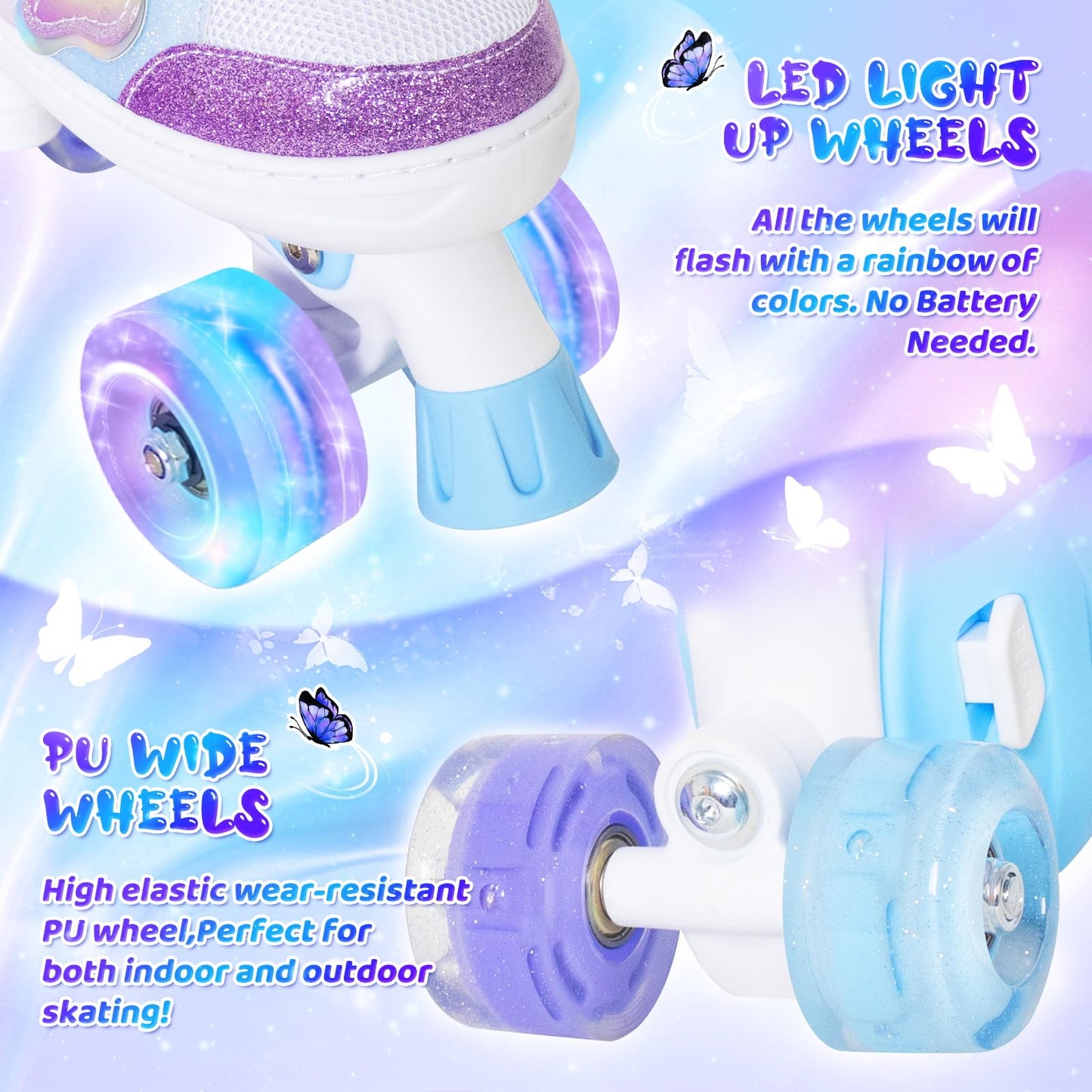 MammyGol Kids Roller Skates for Girls or Boys, 4 Size Adjustable Roller Skates for Children with Beautiful Butterflies, Beginner Kids Light up Roller Quad Skates Indoor Outdoor (Purple)
