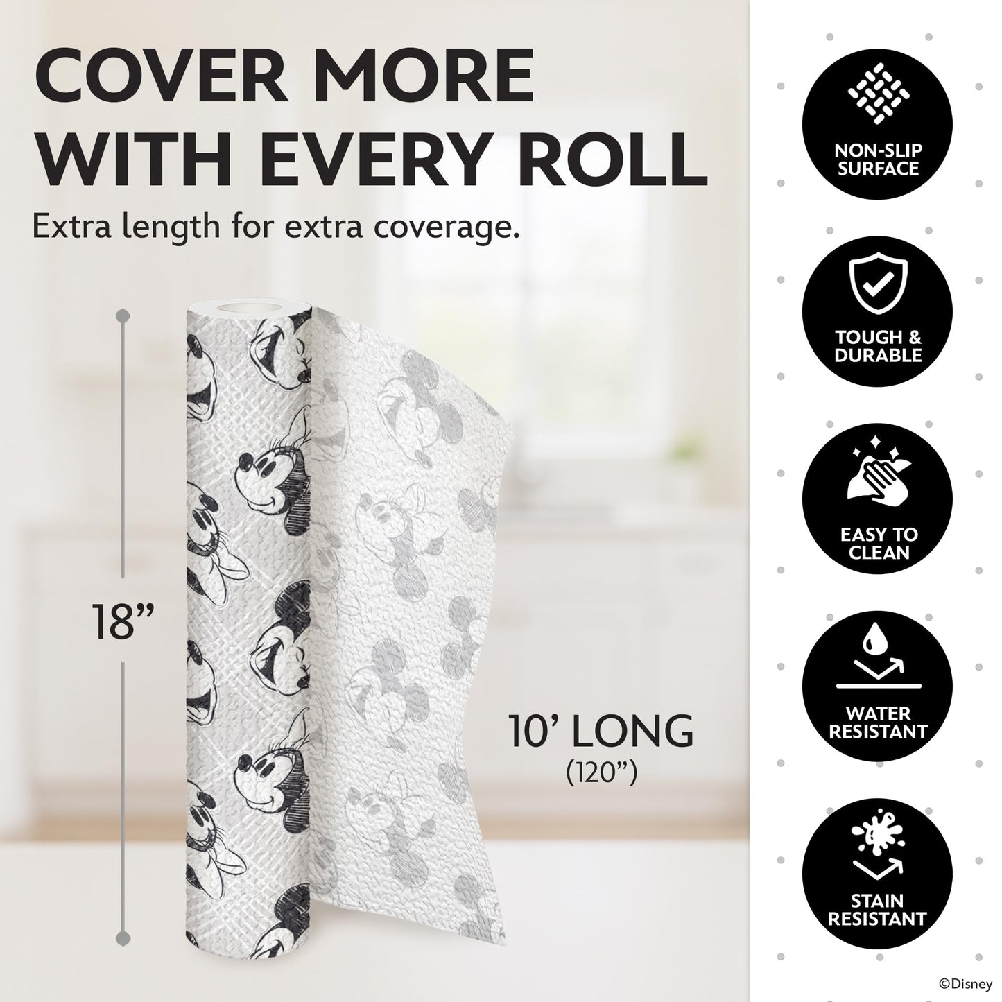 Disney Non Adhesive Shelf Liner – 18”x 10 ft Water-Resistant Drawer Liners for Kitchen Cabinets, Pantry, Fridge & Dressers – Easy Cut Cabinet Liner Roll- Mickey Mouse, Stitch & Winnie The Pooh