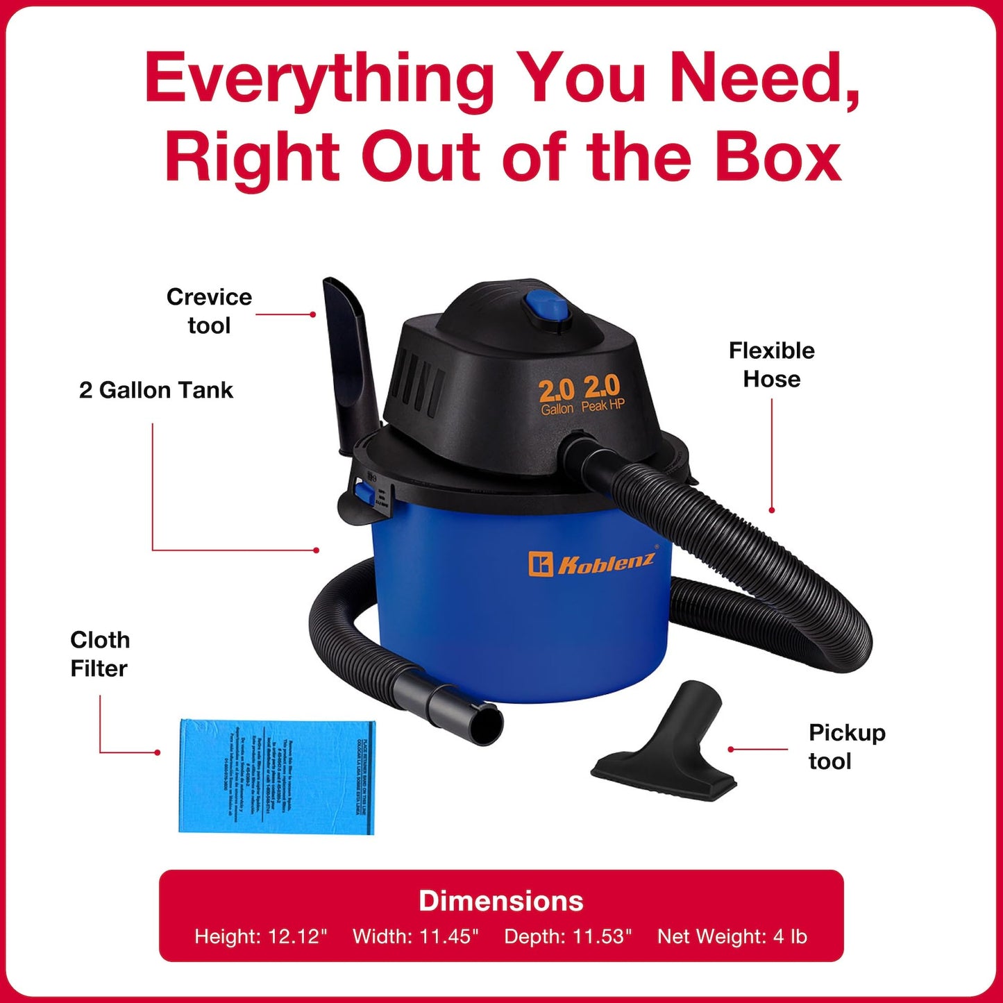 Koblenz Wet Dry Vacuum Cleaner, 2 Gallon 2.0 PHP, 60 CFM, 10 ft Reach, Twist-N-Lock Hose, Small Shop Vac, Portable Shop Vac for Home Car Garage Workshop, Accessories Included, Blue/Black, WD-2L