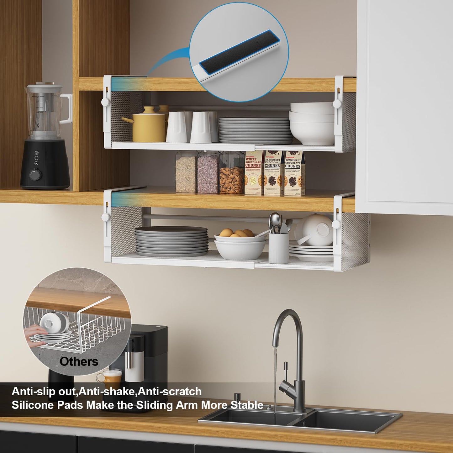 AmonHouseware 2Pack Under Shelf Basket, Adjustable Hanging Under Cabinet Shelf Storage, Hanging Holder Length Stretchable 14.9-22.6Inch for Kitchen Pantry Desk Counter Bookshelf Cupboard (White)
