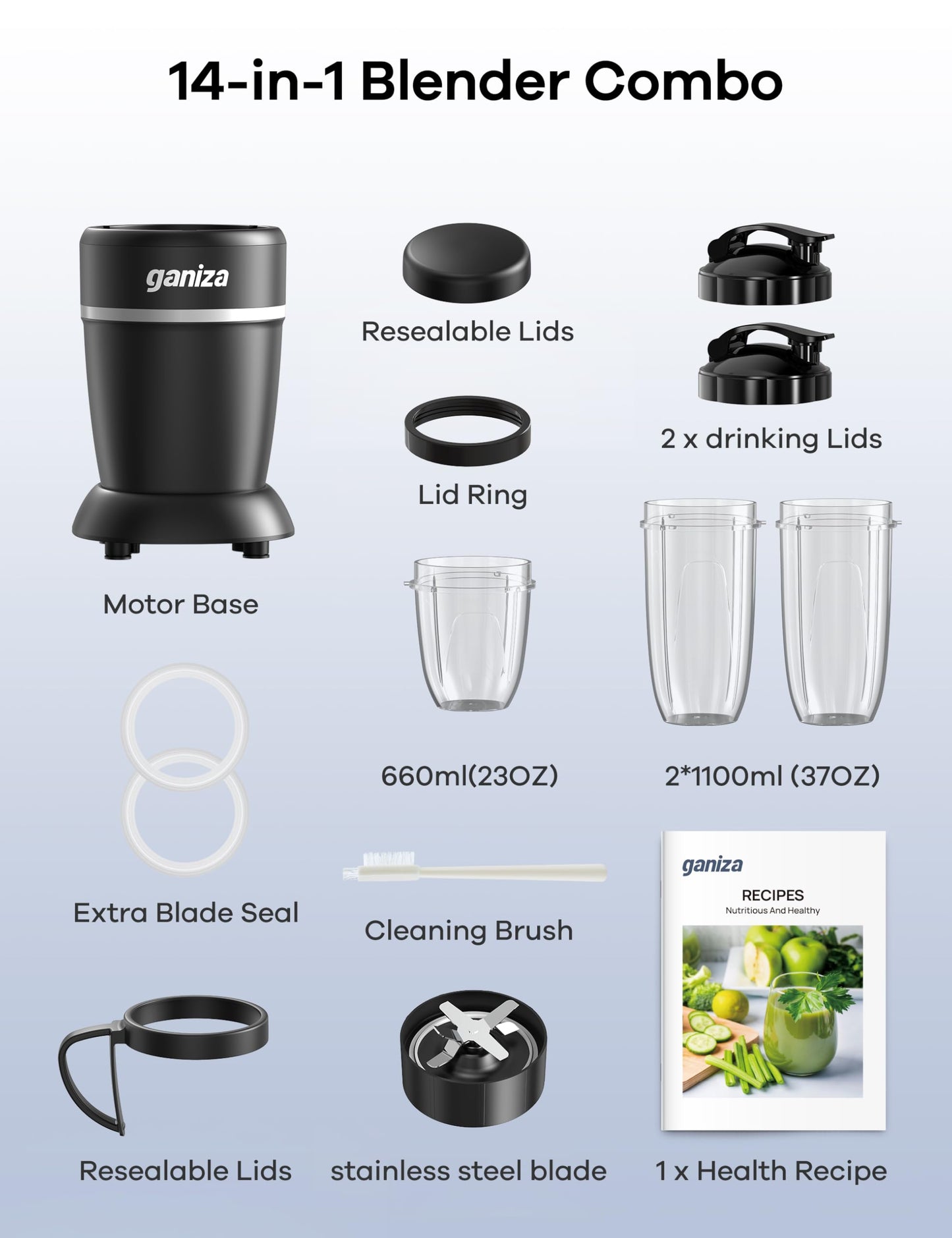 Ganiza Smoothie Blender, Max 1300 Watt Personal Blender and Grinder Combo for Kitchen, Portable Maker for Smoothies, Shakes, Frozen Drinks, Sauces with 6-Leaf Blade, 23 oz, (2) 37 oz To-Go Cups