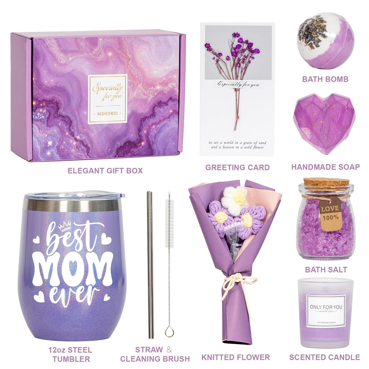 Mothers Day Gifts for Mom, Mom Birthday Gift Ideas Box from Daughter Son, Mommy to be After Birth, Best Mom Ever Tumbler Set Get Well Soon Self Care 7pcs Basket for Christmas, Thanksgiving