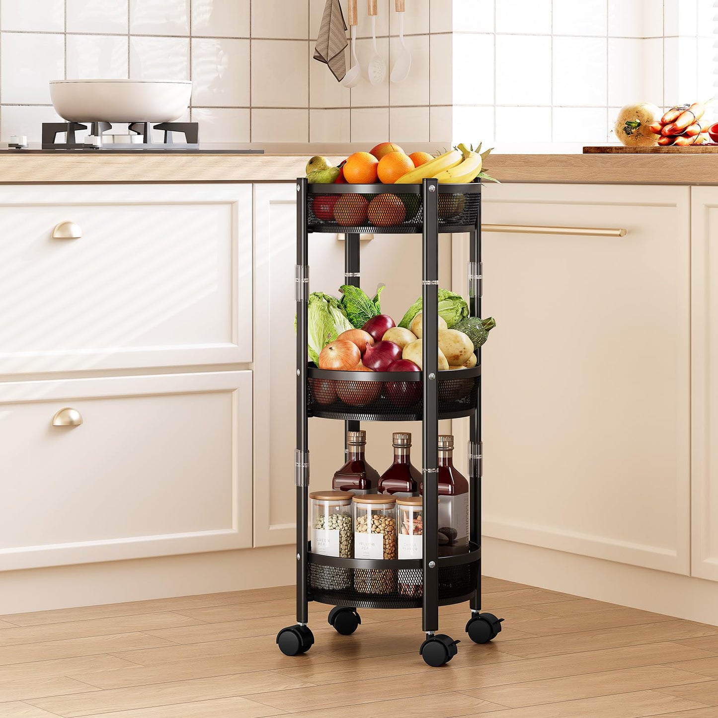 TOOLF 3-Tier Foldable Rolling Cart, Collapsible Metal Utility Cart with Wheels, Assembly-Free, Round Storage Organizer Trolley for Kitchen, Bathroom, Dorm, Nursery, Black