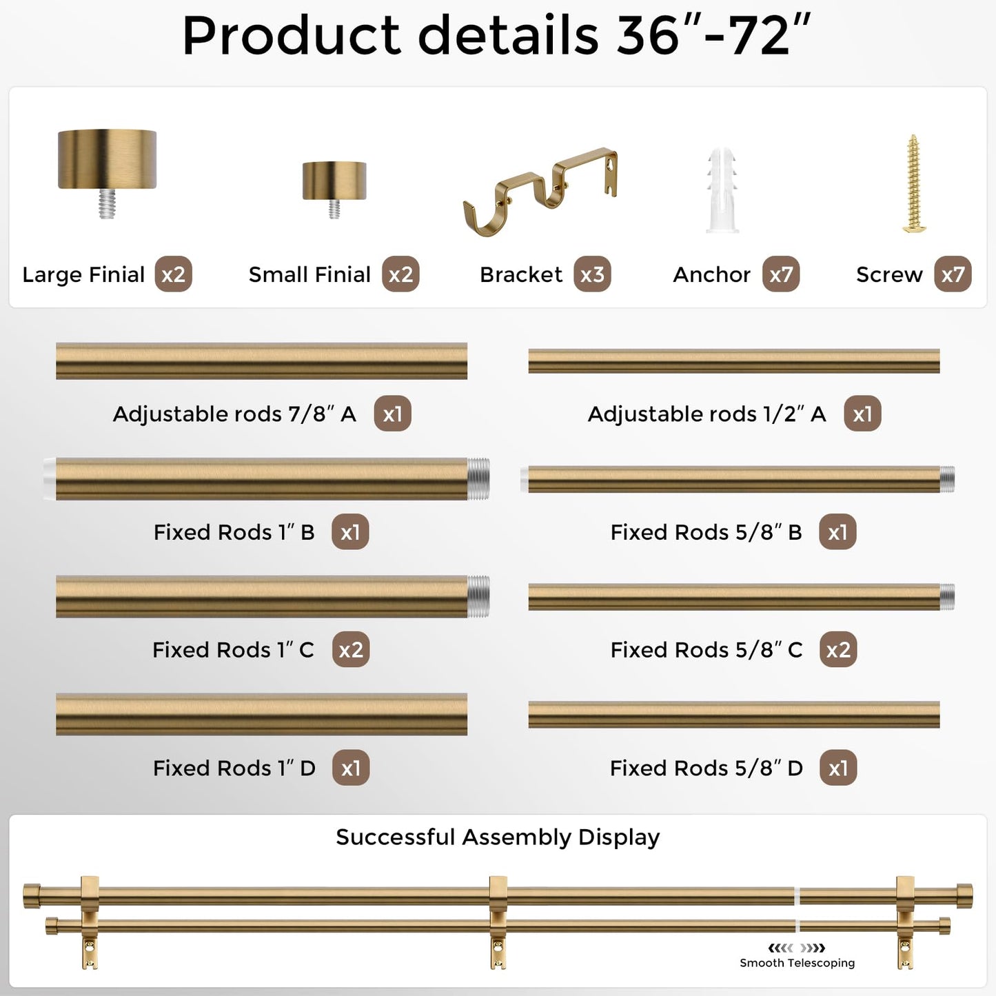 Wolistsa Warm Gold Double Curtain Rod, Brass Dual Curtain Rods for Windows 36 to 76 Inch, 1 Inch Adjustable Heavy Duty Spliced Double Rod, Pro-Plating Process, Aluminium Finials