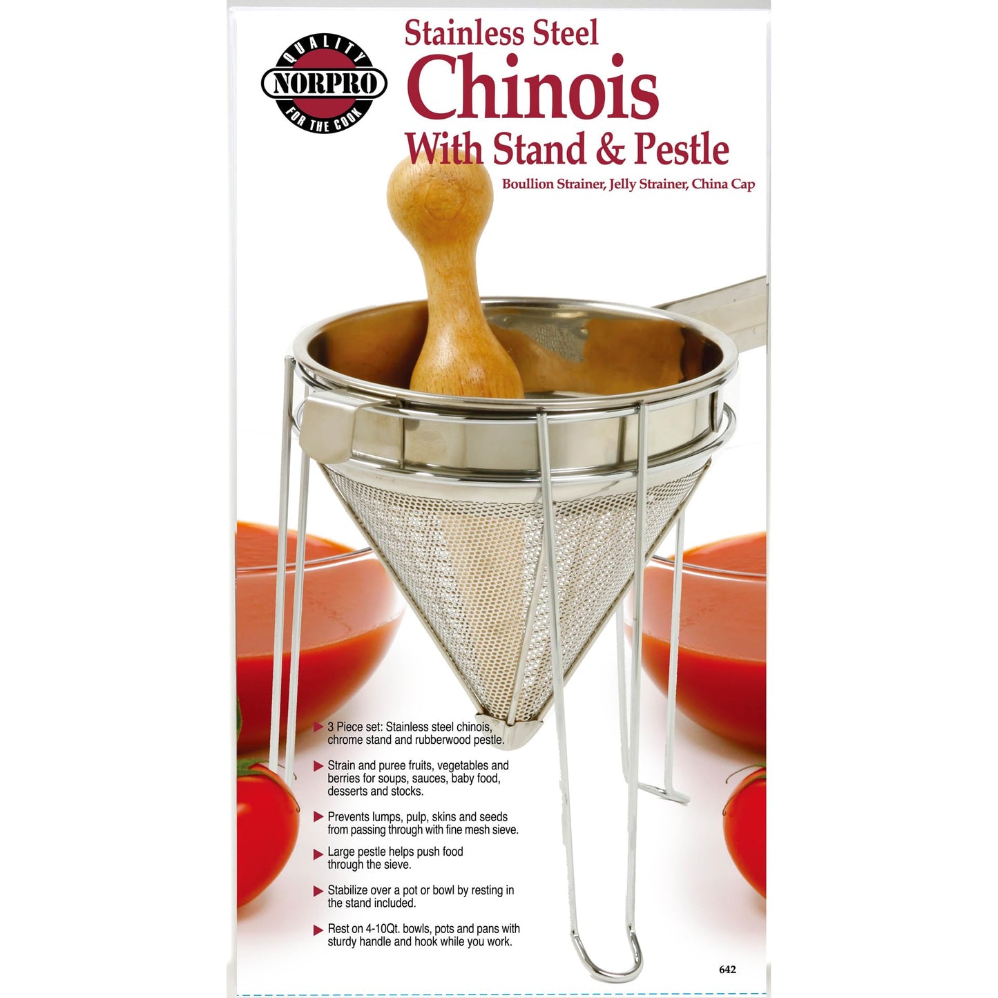 Norpro 642 Stainless Steel Chinois with Stand and Pestle Set, Bouillon Strainer, Jelly Strainer, China Cap