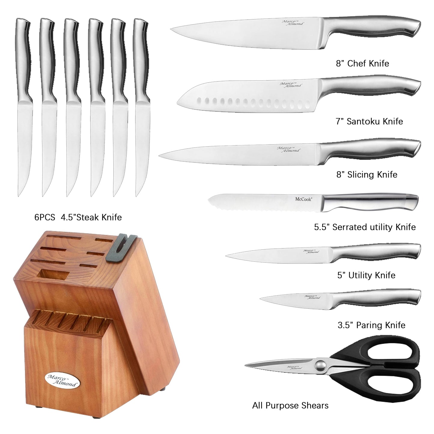 Marco Almond® Knife Block Set, KYA26 Knife Set with Block, 14 Pieces Stainless Steel Chef Kitchen Knives with Built-in Sharpener