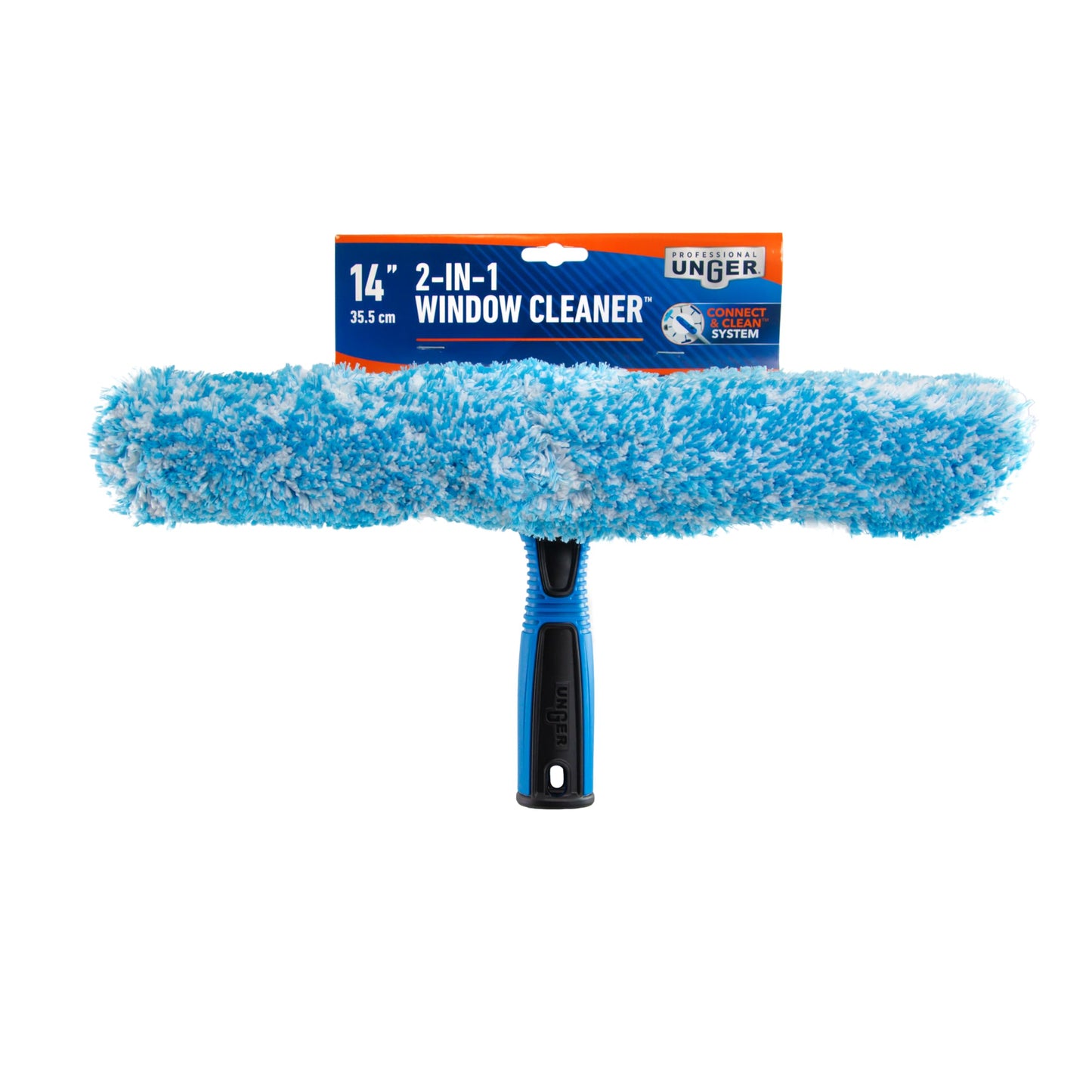 Unger Professional Connect and Clean 2-in-1 Squeegee and Scrubber, 14” Window Cleaning Tool, Essential Glass Cleaner for Commercial and Residential Use, Reusable Microfiber Sleeve, Streak-Free Results
