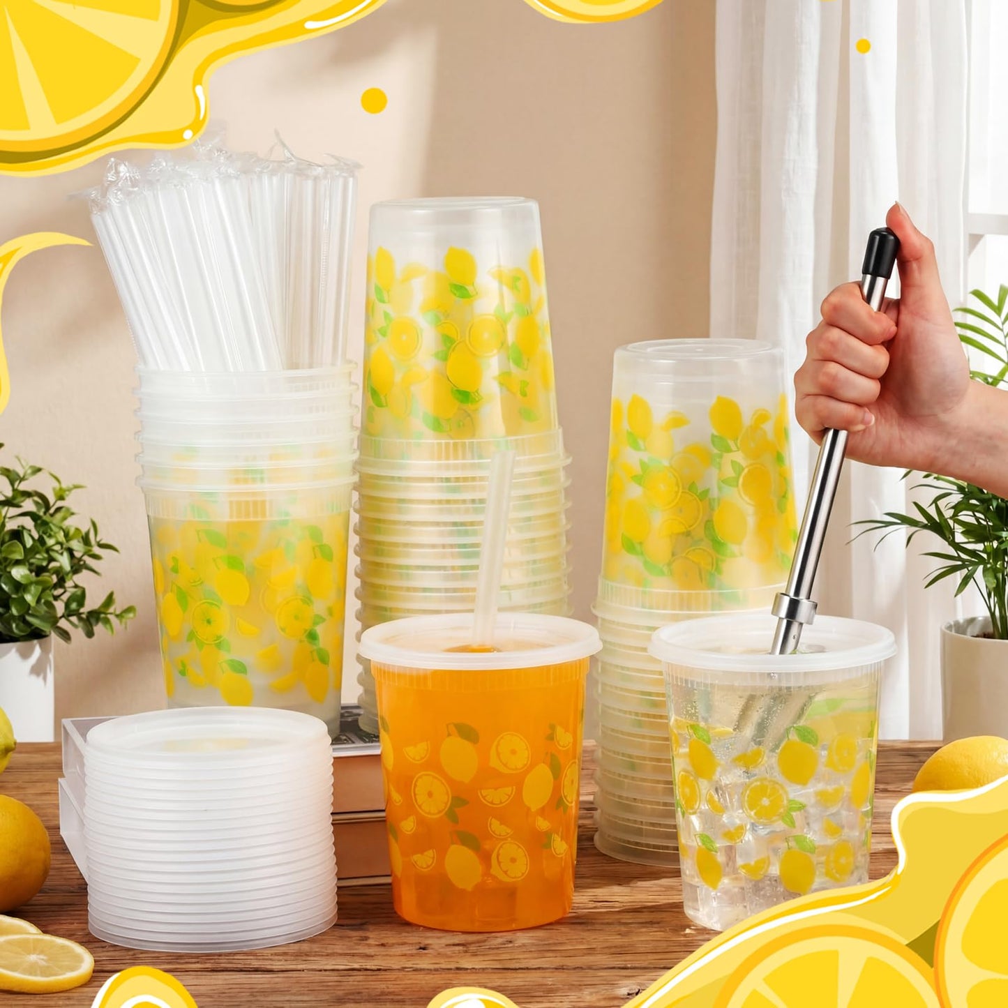 FillTouch 50 Set Lemonade Cups with Lids Straws Plastic Drink Buckets Include Plastic Cups Stainless Steel Straw Hole Puncher Beverage Cafe Drinking Lemonade Stand Supplies(32 oz)