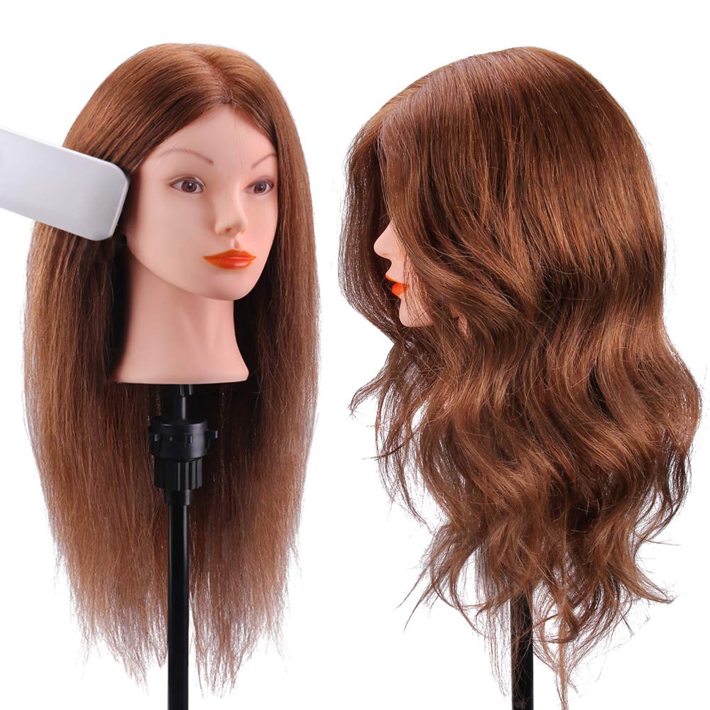 Mannequin Head with 100% Human Hair, TopDirect 18" Dark Brown Real Hair Cosmetology Mannequin Head Hair Styling Hairdressing Practice Training Doll Head with Clamp Holder and Tools