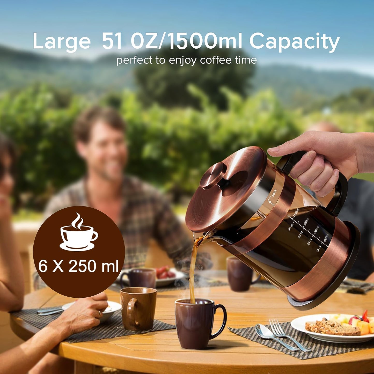 QUQIYSO French Press Coffee Maker 51oz 304 Stainless Steel French Press with 4 Filter, Heat Resistant Durable, Easy to Clean, Borosilicate Glass Coffee Press, Copper
