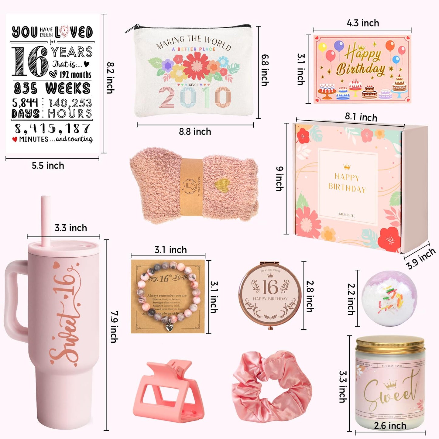 Sweet 16 Gifts for Girls - 16 Year Old Girl Gifts - Happy 16th Birthday Party Decorations for Girls Pink - 11 Pieces Unique Sweet Sixteen Gift for Teen Girl, Daughter, Niece, Granddaughter