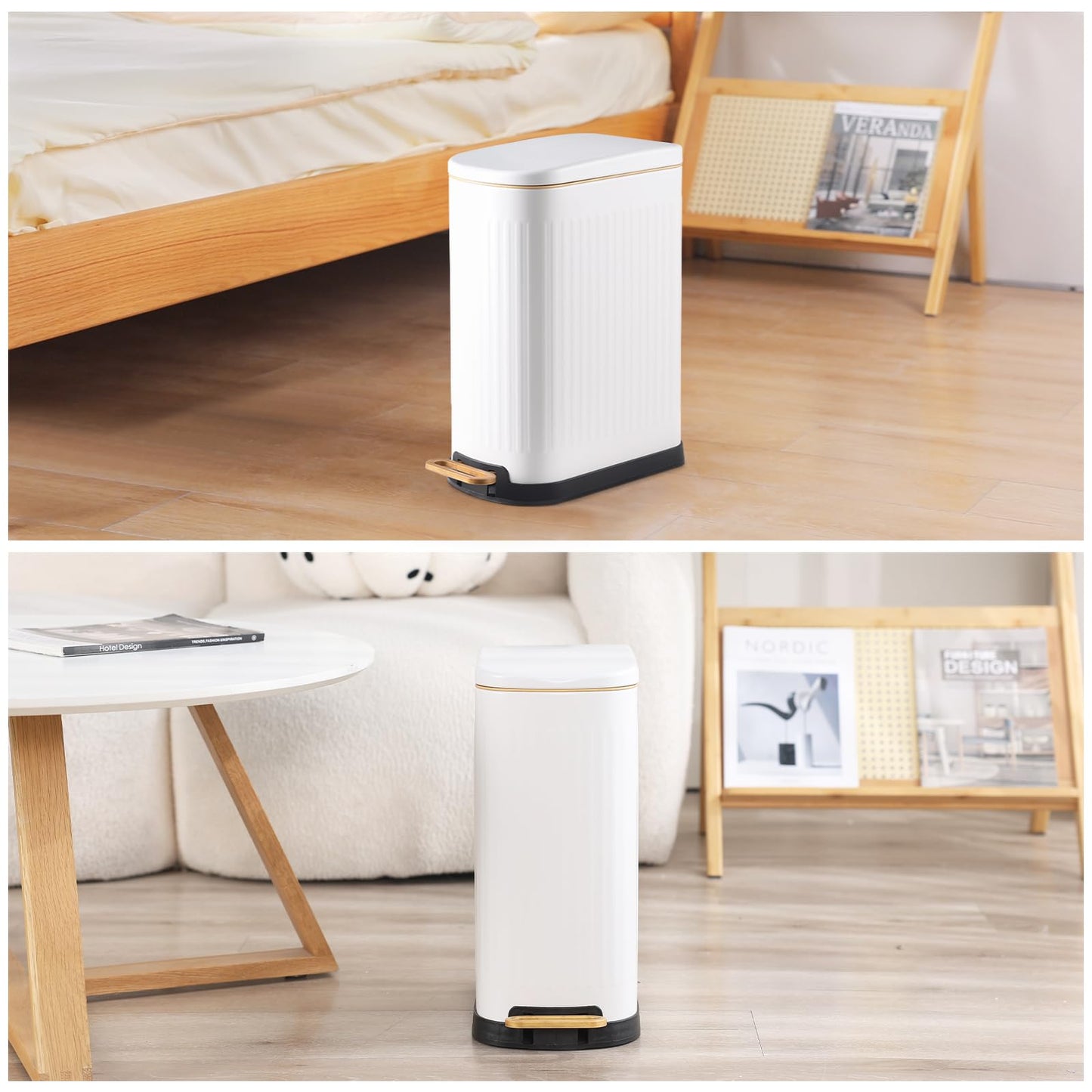 SYNCVIBE Slim Bathroom Trash Can with Soft Close Lid Stainless Steel Garbage Can Step Trash Bin with Removable Inner Bucket for Bedroom, Office, Kitchen (Matt White, 3.5 Gallons)