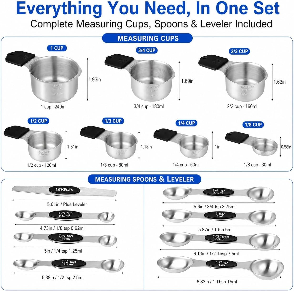 Magnetic Measuring Cups & Spoons Set, Strong N45 Magnets, Heavy Duty Stainless Steel Fits in Spice Jars for Baking & Cooking, BPA Free, Round Set of 15 with Leveler,Dark Black