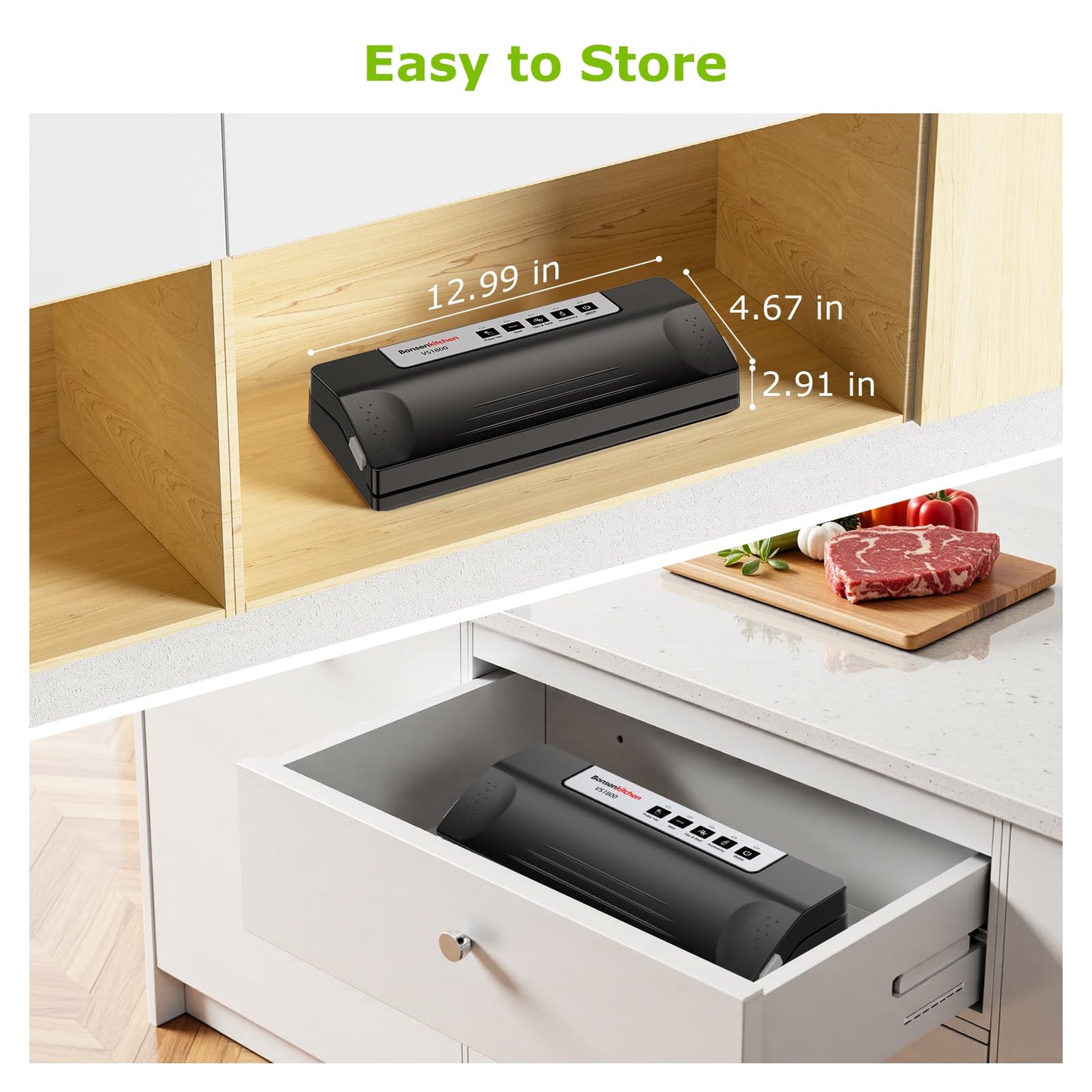 Bonsenkitchen Vacuum Sealer Machine for Food, Multi-Functional Food Sealer, Automatic Operation Mode, Commercial Grade, Compact Design, with 5 Vacuum Bags, Black-Silver