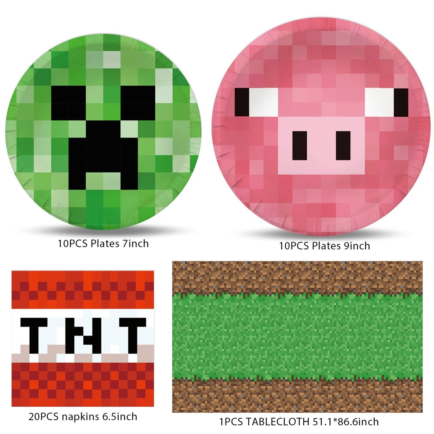 Pixel Birthday Party Supplies, 20 Plates, 20 Napkins and 1 Tablecover for Pixel Party Decorations