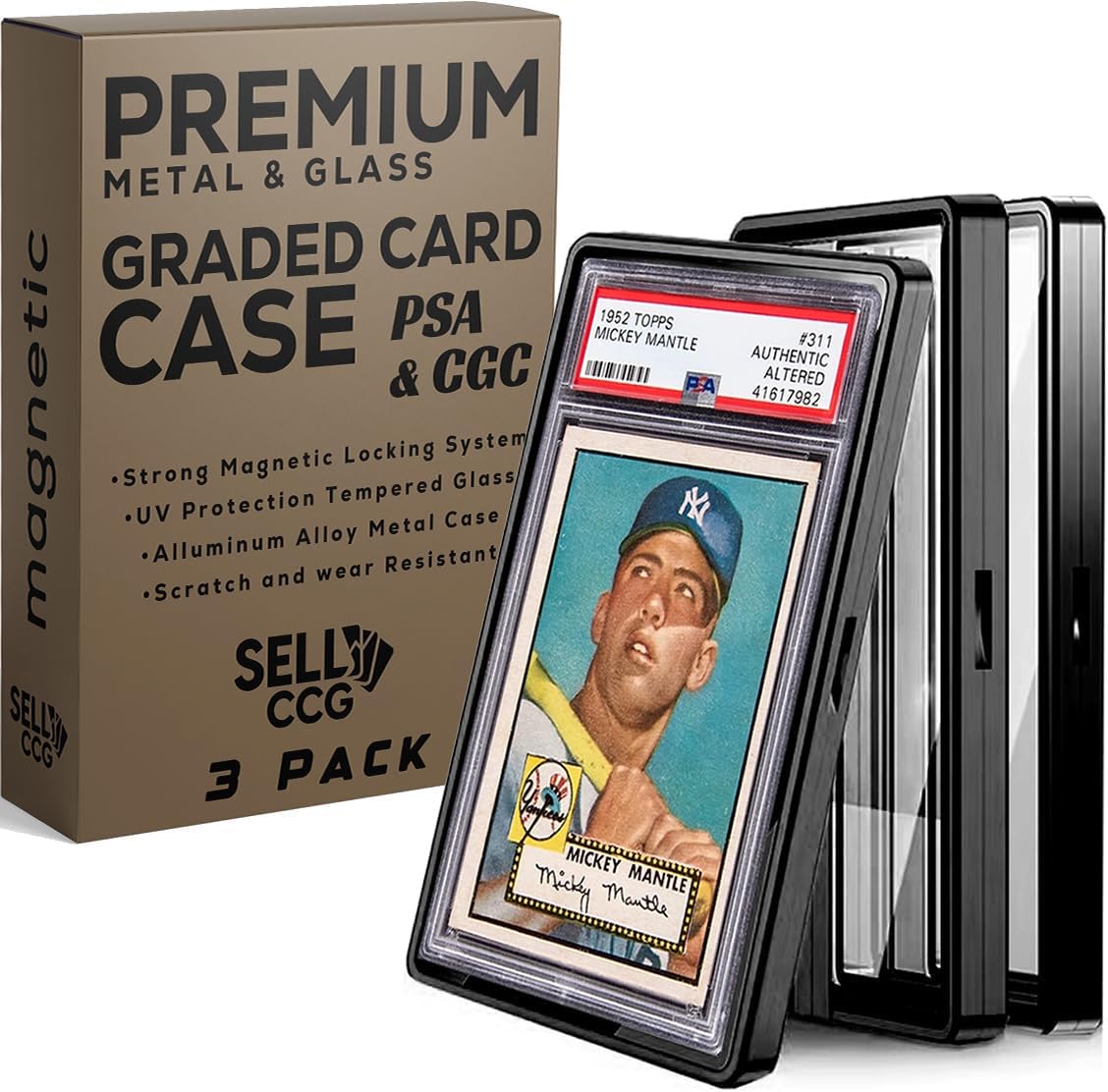 (3-Pack) SellCCG PSA Slab Case Graded Card Guard PSA, TAG & CGC Metal Magnetic UV Protection Glass Display Bumper Box Protector