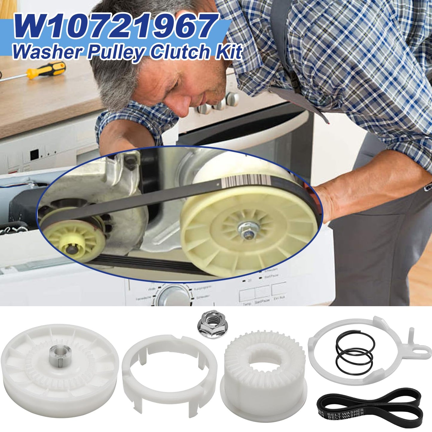 W10913953 Washer Shift Actuator W10721967 Pulley Clutch W10006384 Drive Belt Kit Compatible with Whirlpool Kenmore Maytag Amana Washing Machine Replaces W10815026 W10597177 49tyz-e120a1