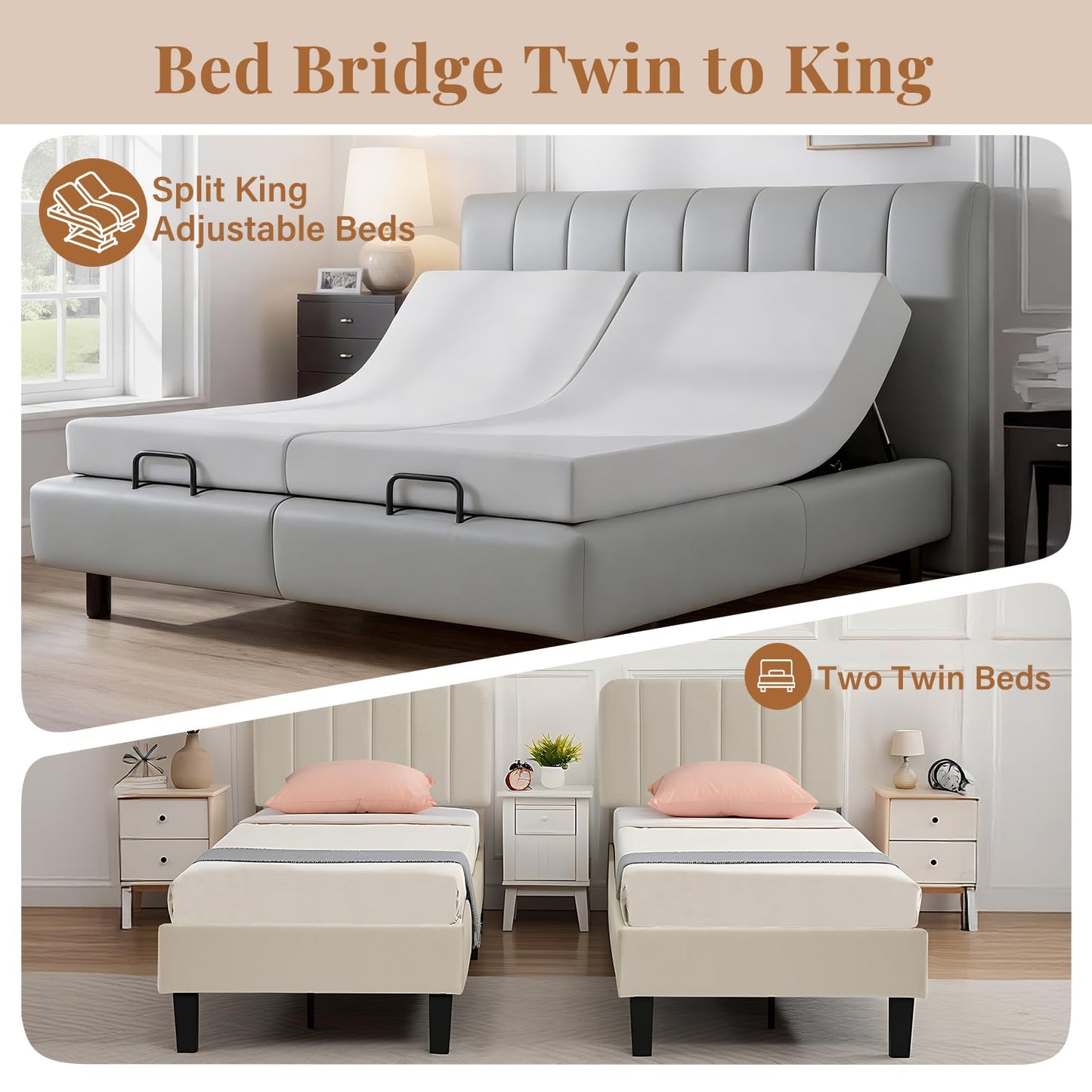 Vekkia 2-in-1 Split King Gap Filler with Built-in Fitted Sheet, Twin to King Converter, Bed Bridge with Washable Cover, Fits Guest Rooms, Hotels & Vacation Rentals, 75"x75"