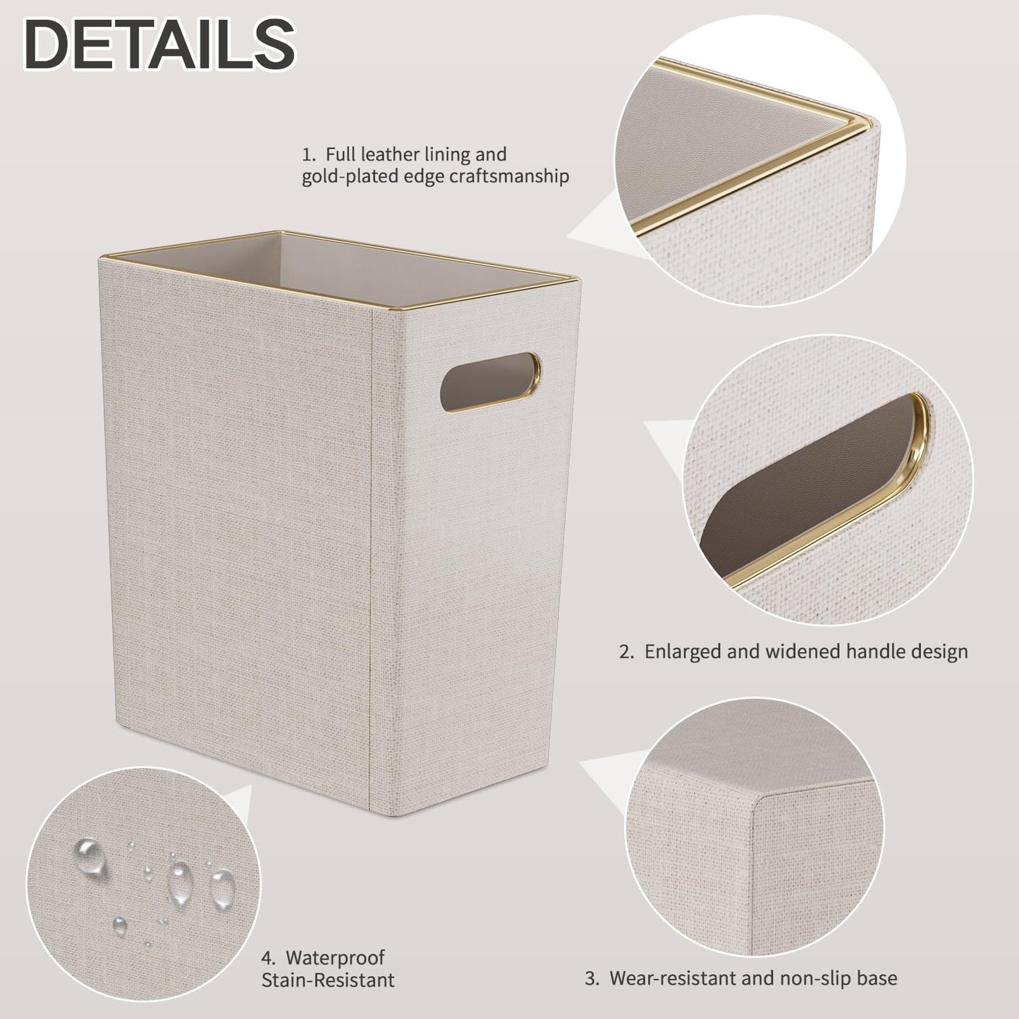 Beige White Trash Can Waste basket,3/4 Gallon Office Pu Leather Wastebasket with Gold-Tone Edging Decoration for Bathroom, Garbage Cans for Toilet Bedroom Living Room, Office home modern decor