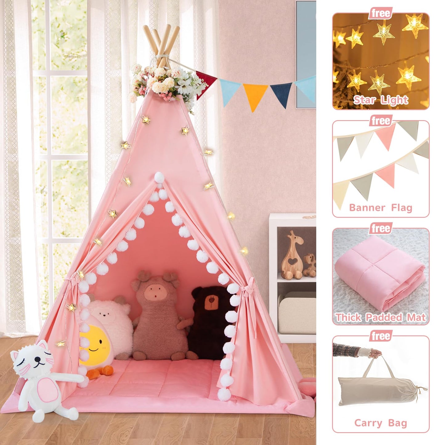 WIRHAO Teepee Tent for Kids with Padded Mat Cotton Canvas Kids Tent with Pompom for Toddlers Indoor Play Tent for Girls Boys with Stars Lights, Carry Bag, Banner Flag (Pink)