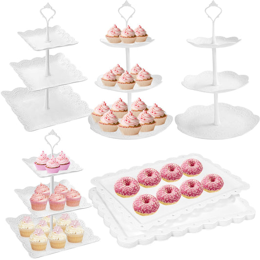 10 Pcs Cake Stand White Plastic Dessert Table Display Set 4 Pcs 3 Tired Cupcake Stand Cookie Tray Rack Serving Tray Cake Display Tower and 6 Pcs Dessert Trays for Wedding Baby Shower Tea Party