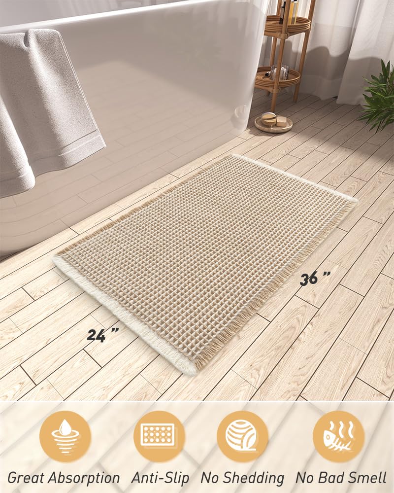 AMOAMI Upgraded Waffle Bath Mat, Super Absorbent Non Slip Bath Mats for Bathroom Floor, Machine Washable Bathroom Rugs with Tassels, Rubber Backed Bathroom Mats, Ultra Soft, 24" x 36",Brown & Cream