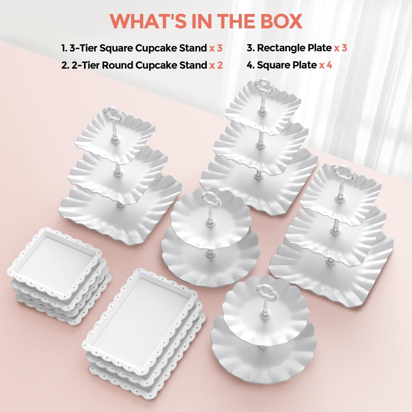 12Pcs Dessert Table Display Set, Cupcake Stand, 3-Tier Cup Cake Tower Stands & 2-Tiered Cake Holder, Treat Food Platters Serving Trays for Tea Party, Baby Shower, Bridal, Wedding, Birthday, Plastic