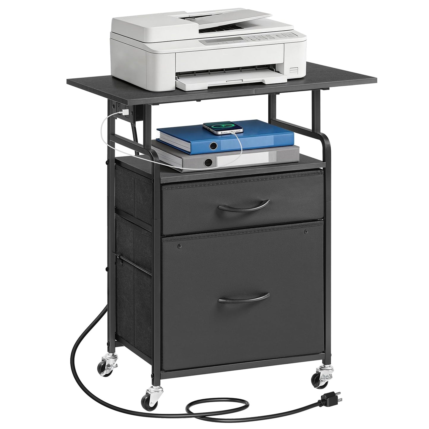 HOOBRO Printer Stand, Printer Table with Drawers, Mobile Filing Cabinet with Charging Station, Printer Cart for Home Office, Living Room, Black BB15UPS01