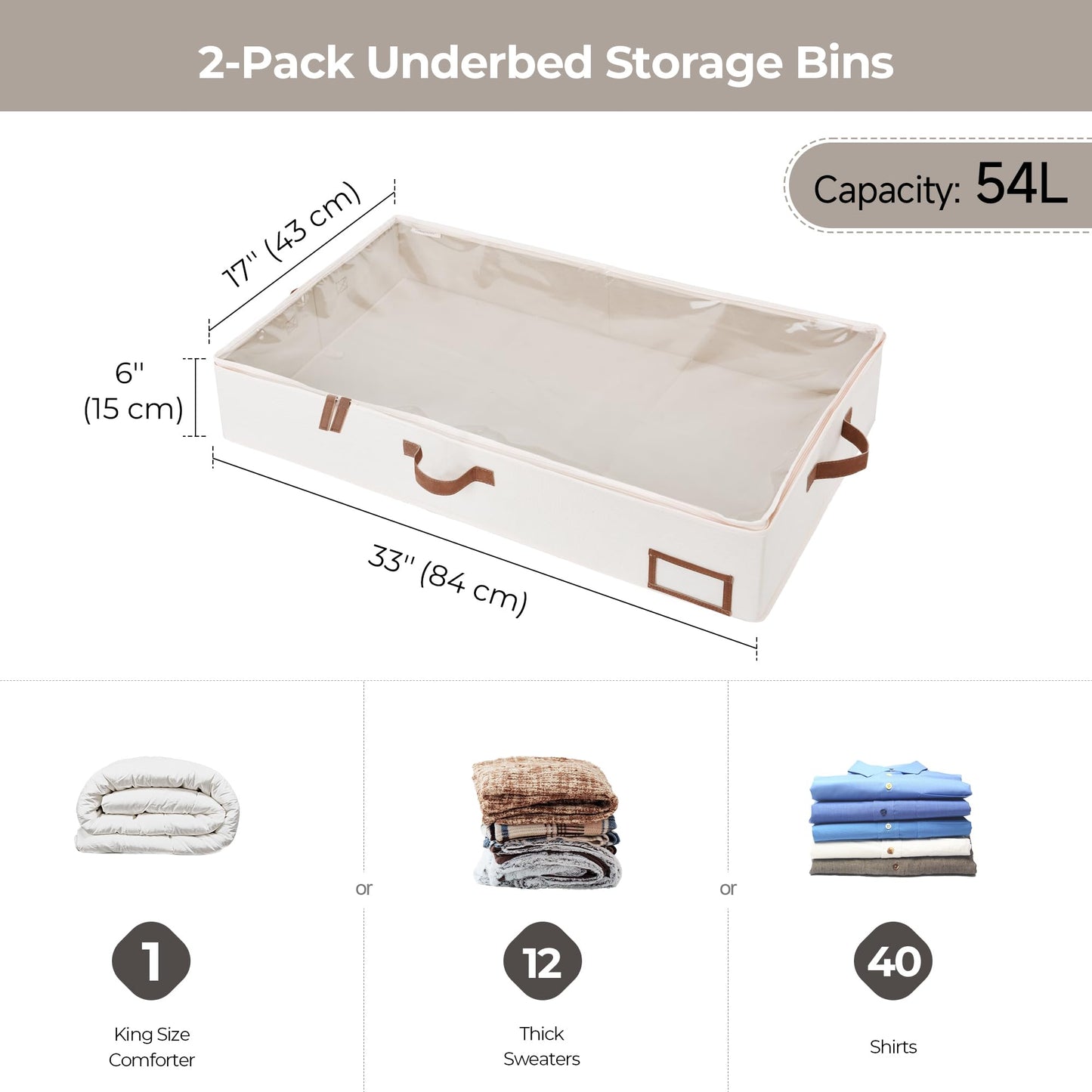 StorageWorks Large Under Bed Storage Containers with Handles and Label Holder, 2 Pack Ultra-thick Fabric Underbed Bins, Closet Organizer for Clothes, Blankets, Sweater