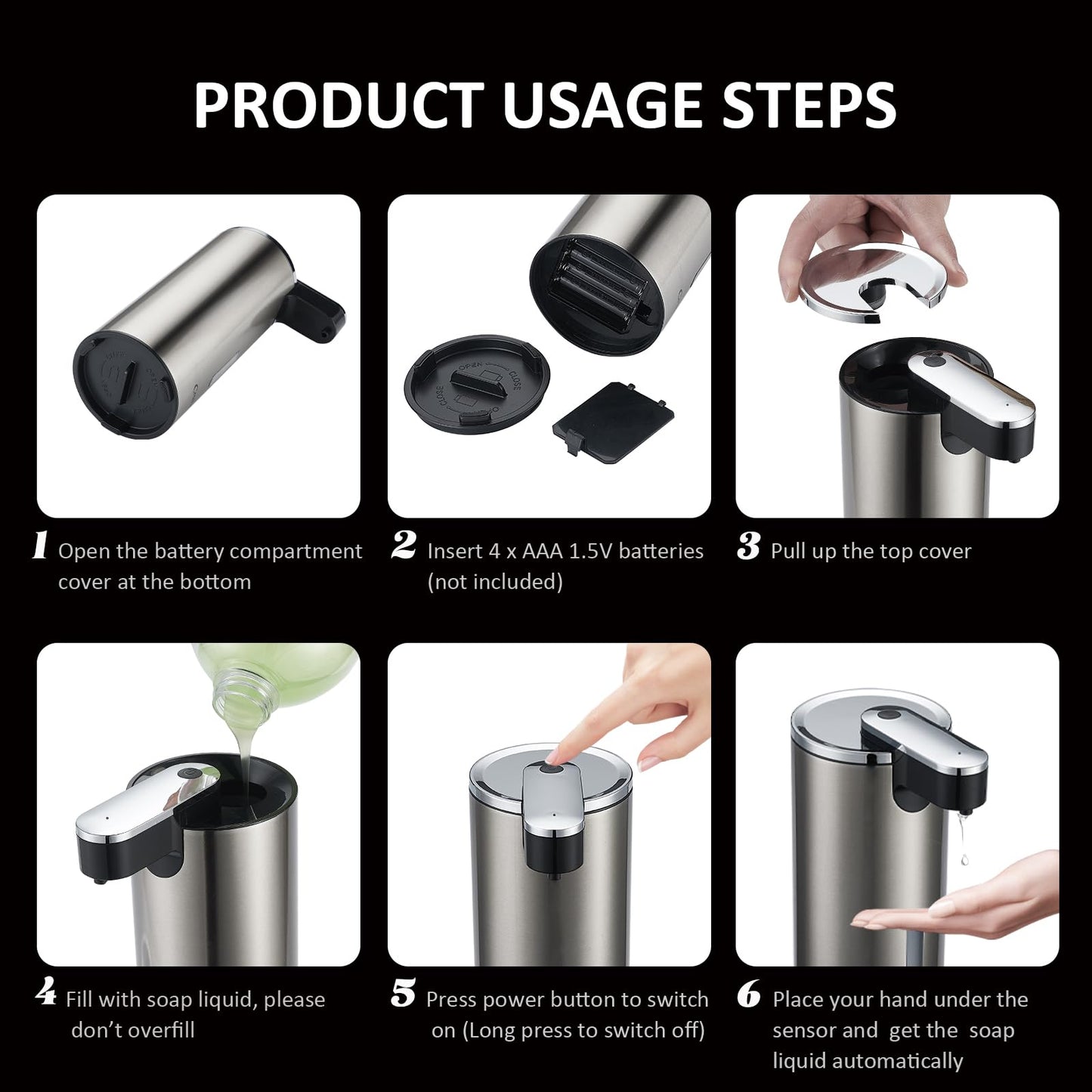 Automatic Soap Dispenser, Automatic Liquid Soap Dispenser Touchless, 12oz/340ml, 3-Level Adjustable, Battery Operated, Water-Resistant for Bathroom, Kitchen and School, Clog-Free, Stainless Steel