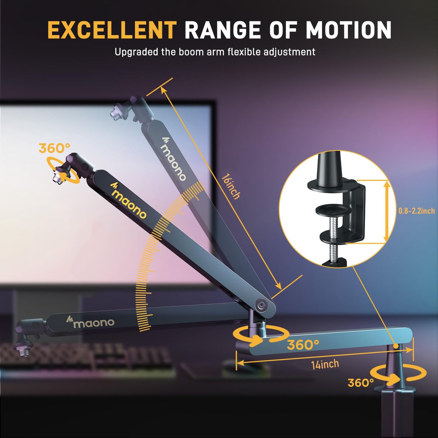 MAONO Microphone Boom Arm, Low Profile Mic Arm with Cable Management Channels, Desk Mount Clamp, Fully Adjustable, Heavy Duty Mic Stand for Podcast Studio Streaming (BA92 Black)