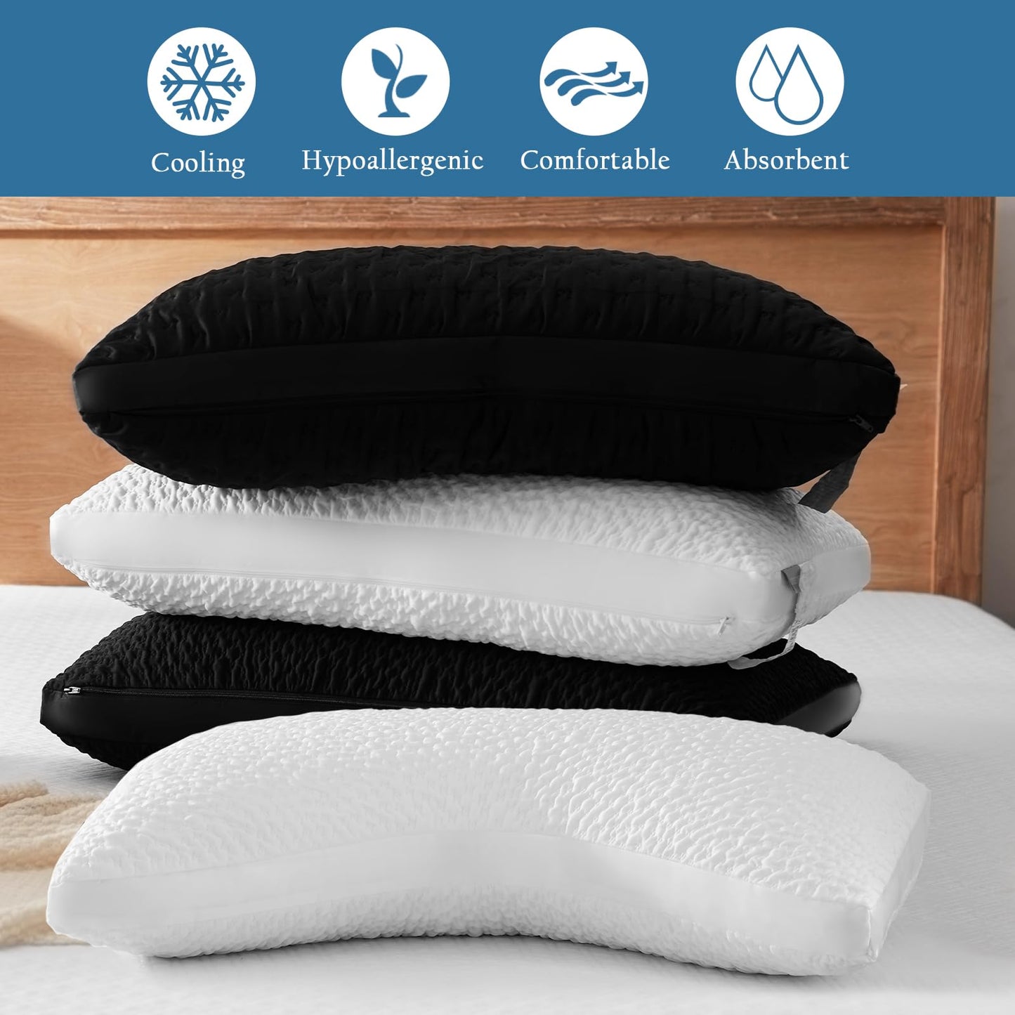 Cooling Side Sleeper Pillow for Neck and Shoulder Support, Ergonomic Curved Crescent Gusseted Luxury Shredded Memory Foam( CertiPUR-US Certified ) with Extra Fill, Cool & Soft Cover, White Standard