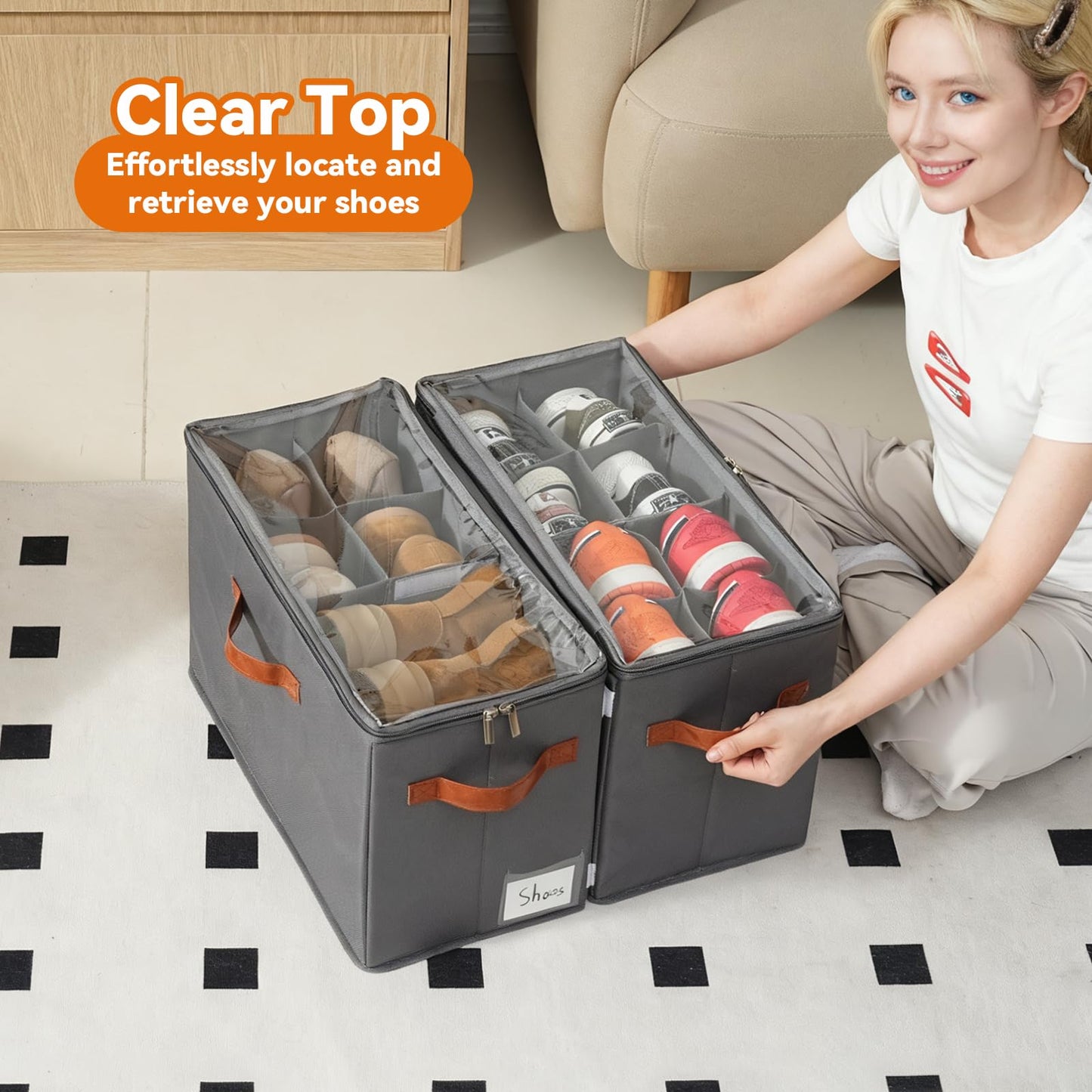 ISusaid 4 Pack Shoe Organizer for Closet, Foldable Shoe Storage Organizer with Adjustable Dividers and Clear Cover, Stackable Fabric Closet Shoe Organizer Storage Box Fits 32 Pairs, Gray