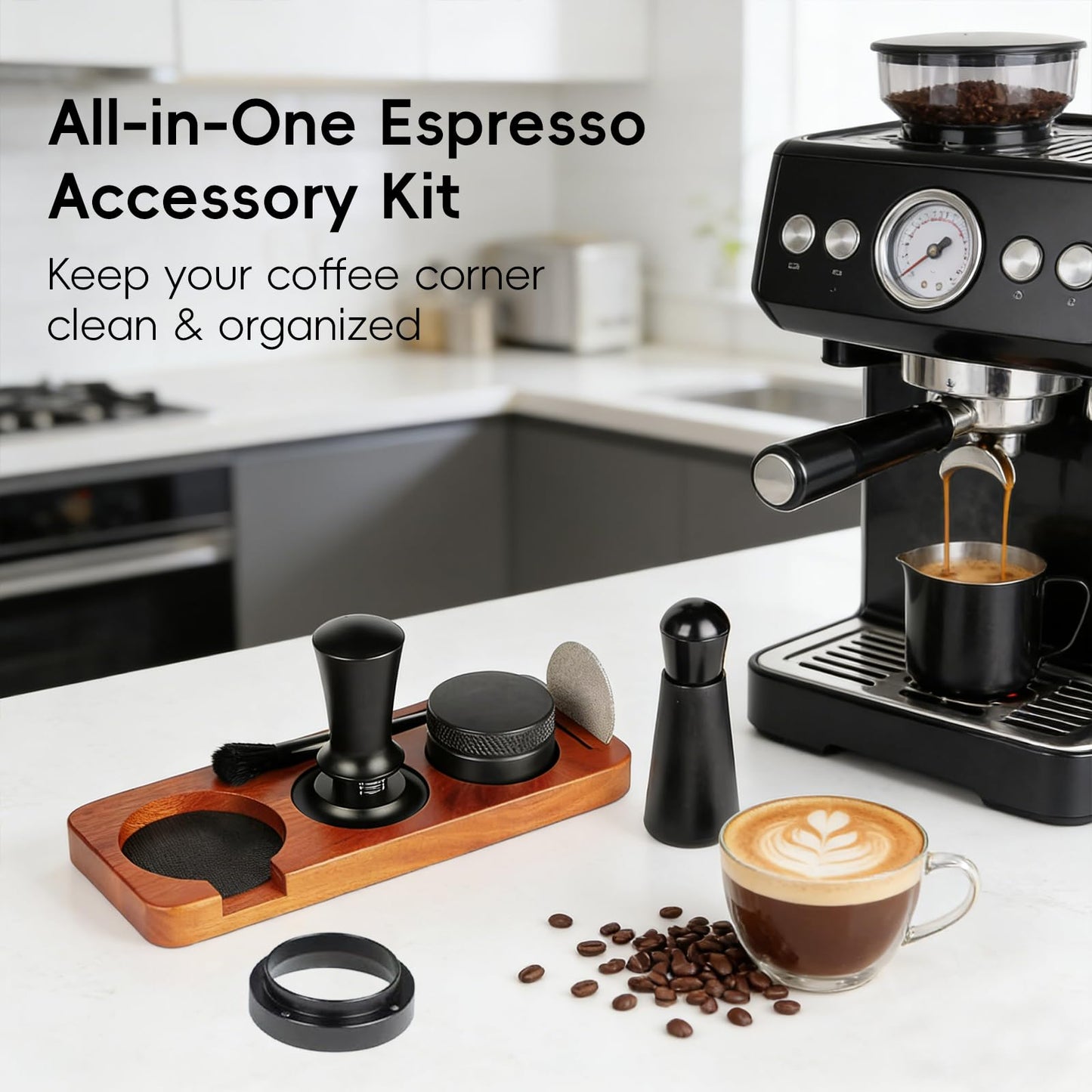 7 Pcs 51mm Espresso Tamper Tools Accessories Kit for Coffee WDT Tool Accessories Set Coffee Tamper Set with Wood Espresso Tamping Station Distributor Dosing Funnel Stirrer Brush Puck Screen -51mm