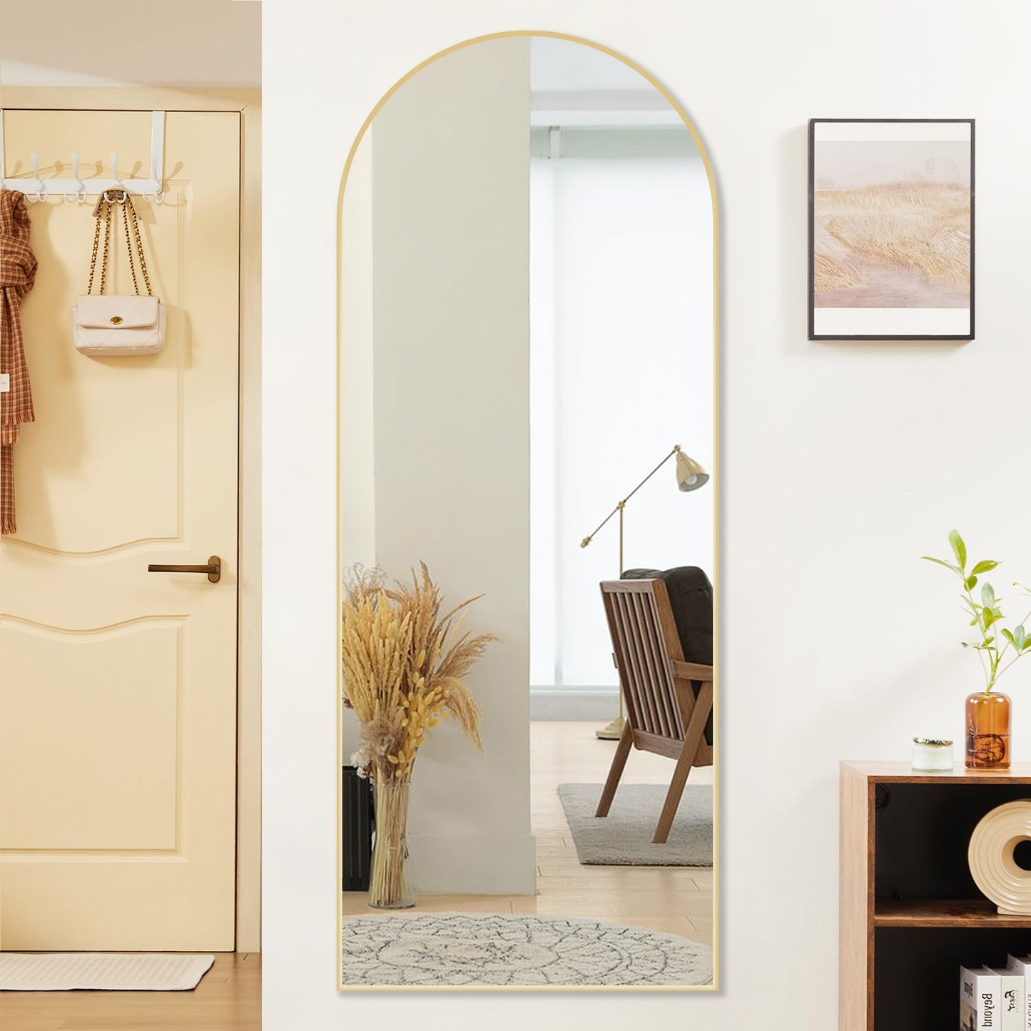 OLIXIS 64"x 21.5" Arched Mirror Full Length, Full Body Mirror with Stand, Hanging or Leaning for Wall, Floor Standing with Shatter-Proof Glass for Bedroom, Living Room, Long, Gold
