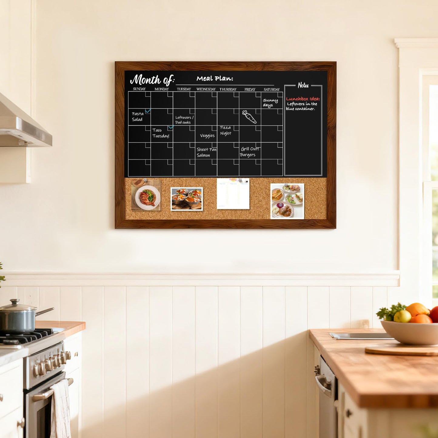 DOLLAR BOSS Chalkboard Calendar Corkboard Combo, 24" x 18" Magnetic Chalk Board Monthly Planner & Natural Cork Bulletin Rustic Wood Frame for Office Home School with 4 Markers, 8 Magnets, 10 Pins