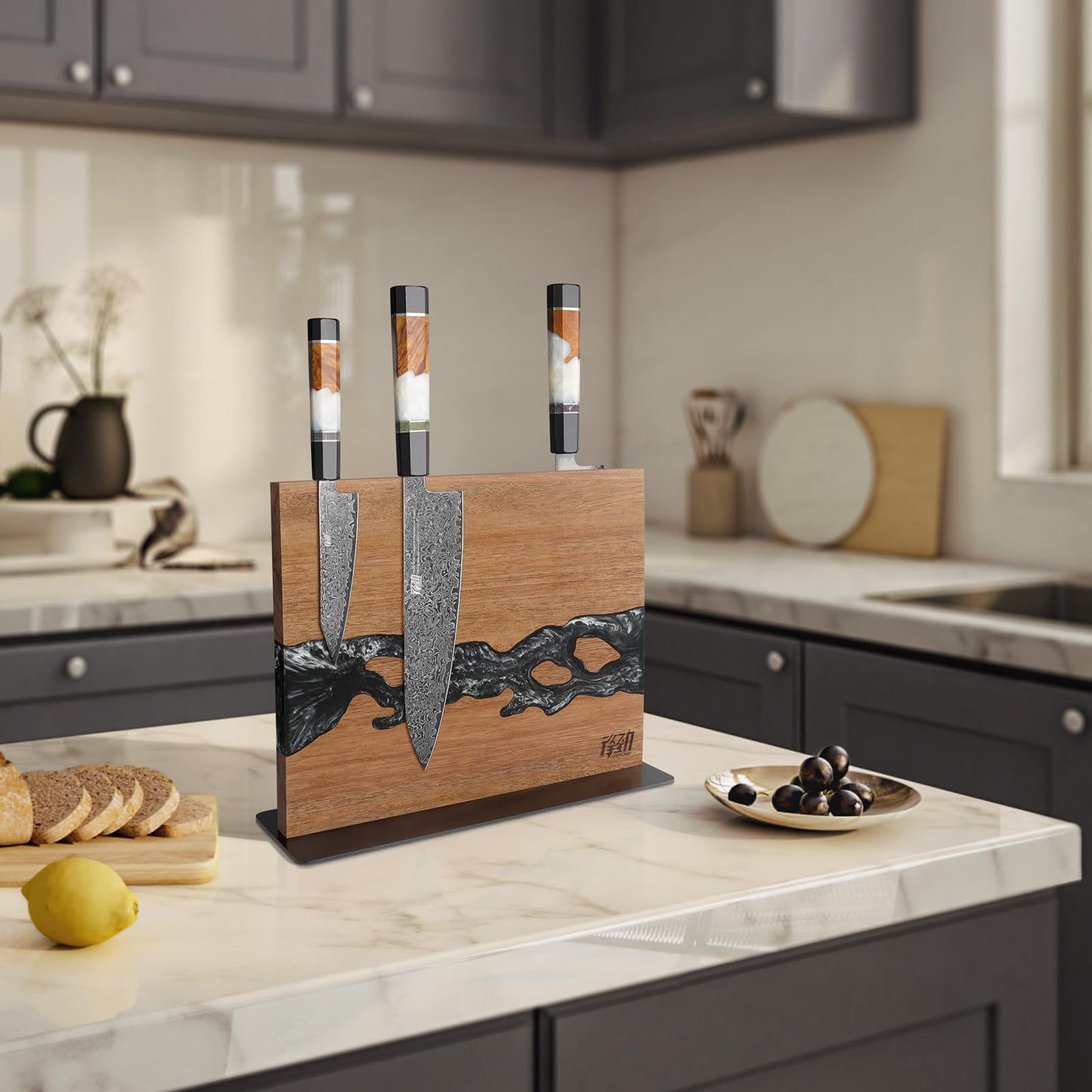 FINDKING Magnetic Knife Block, Double-Sided Knife Holder with Strong Magnets, Acacia Wood and Black White Resin, Countertop Kitchen Knife Storage Stand (12 × 10 Inches, Without Knives)