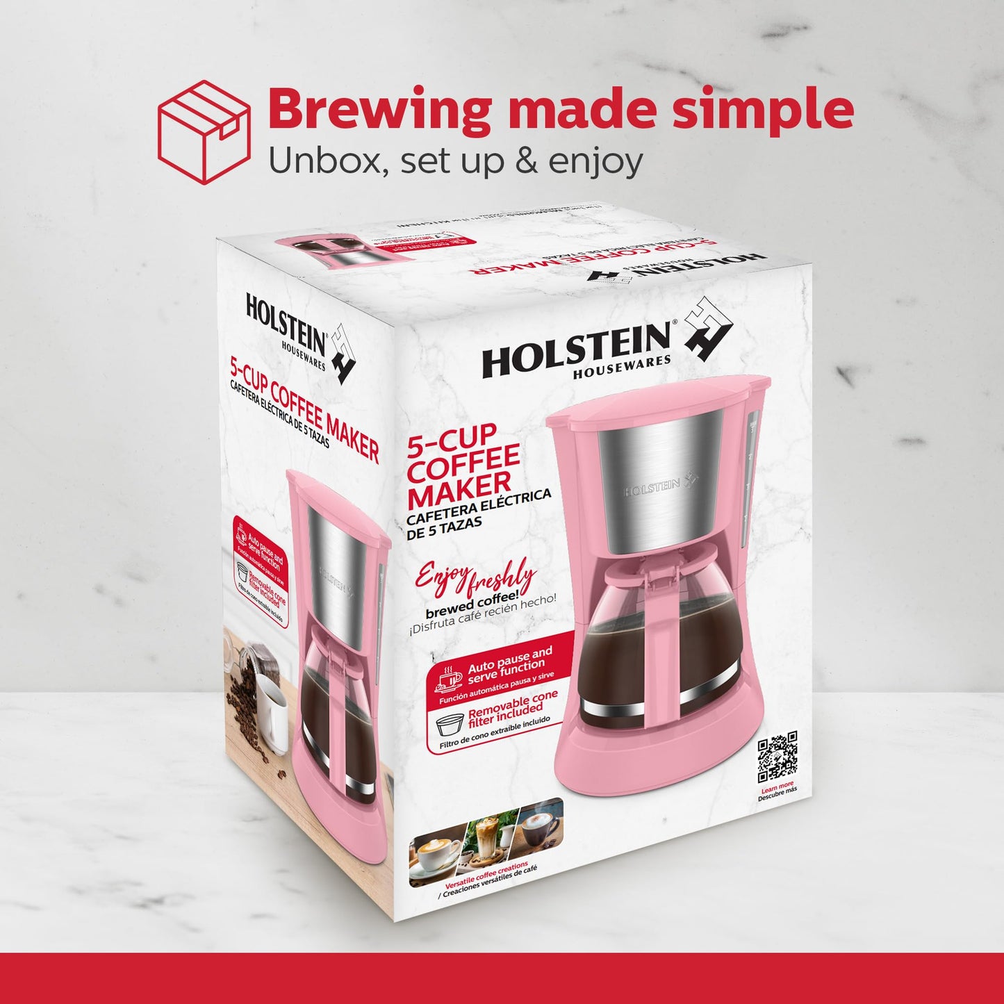 Holstein Housewares 5 Cup Drip Coffee Maker – Compact and User-Friendly with Auto Pause & Serve, Reusable Filter, Measuring Spoon & Glass Carafe, Office & Dorm Use, Pink