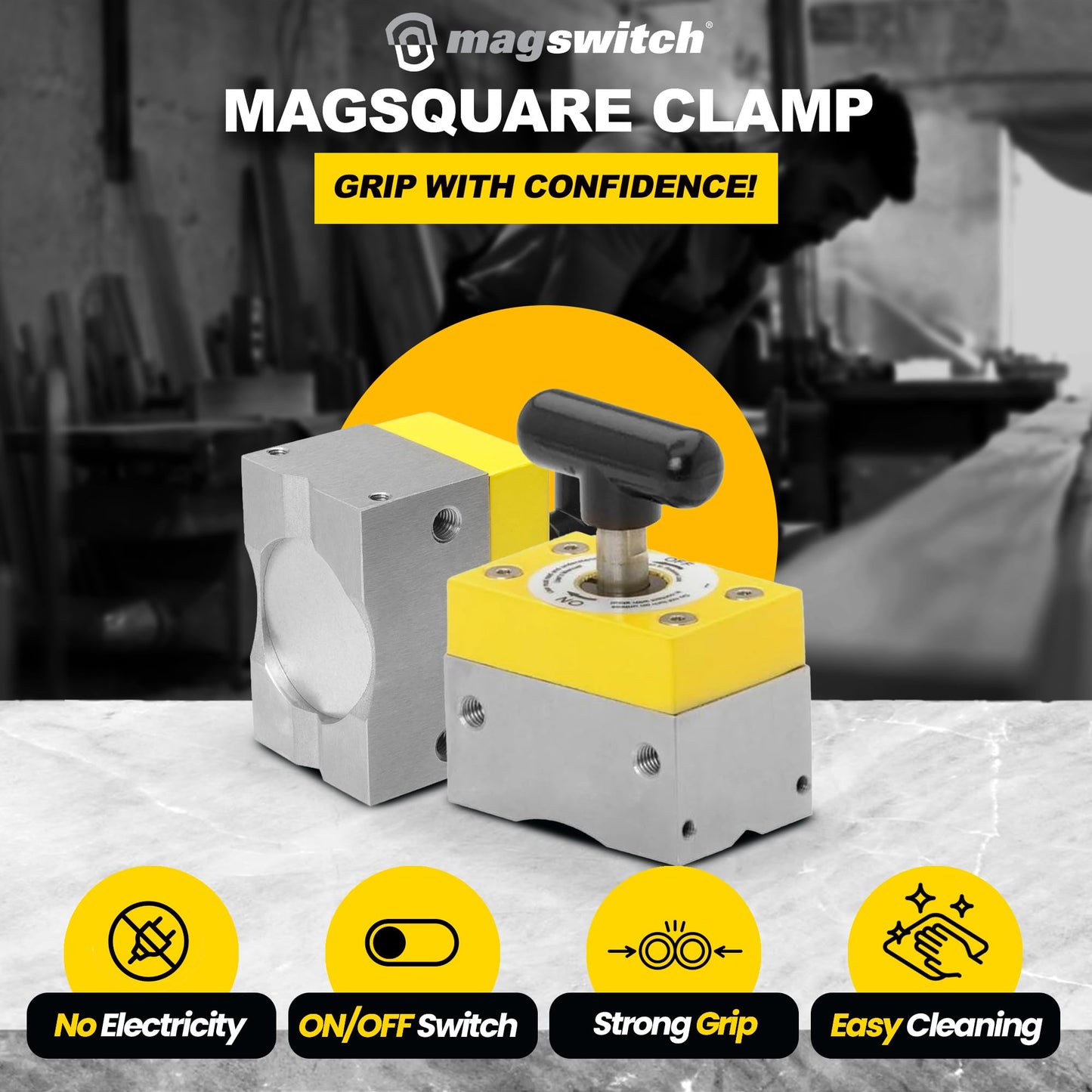 Magswitch MagSquare 165 Magnetic Welding Square Base Clamp Holder for Welding Kit, Tools, Supplies and Accessories, Magnet Switch with On/Off Capabilities, 150 lb Holding Force, black