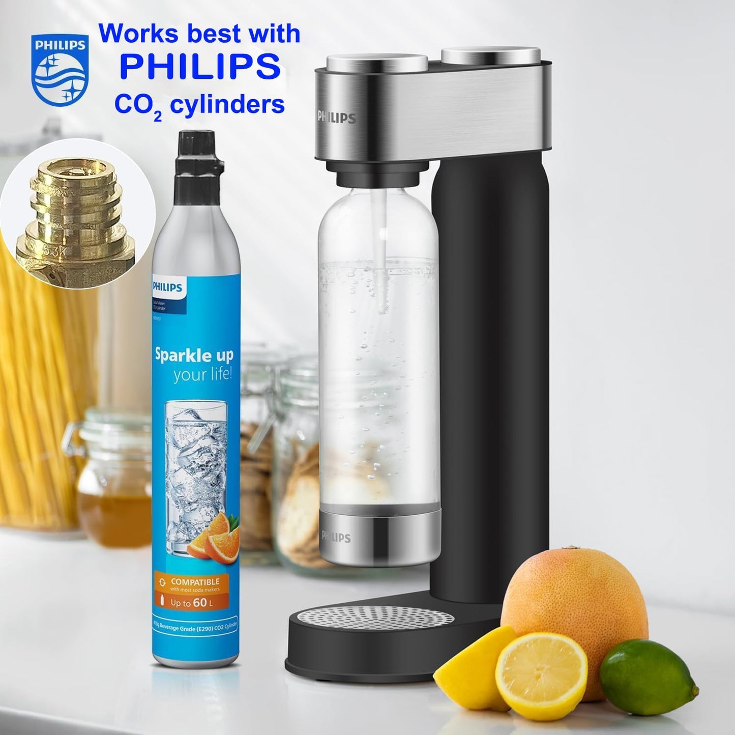 Philips Sparkling Water Maker, Soda Streaming Machine with Quick Twist Bottle, 1L BPA free PET Carbonating Bottle, Soda Maker Compatible with 60L CO2 Carbonator (NOT Included), ADD4902BKOQ/37