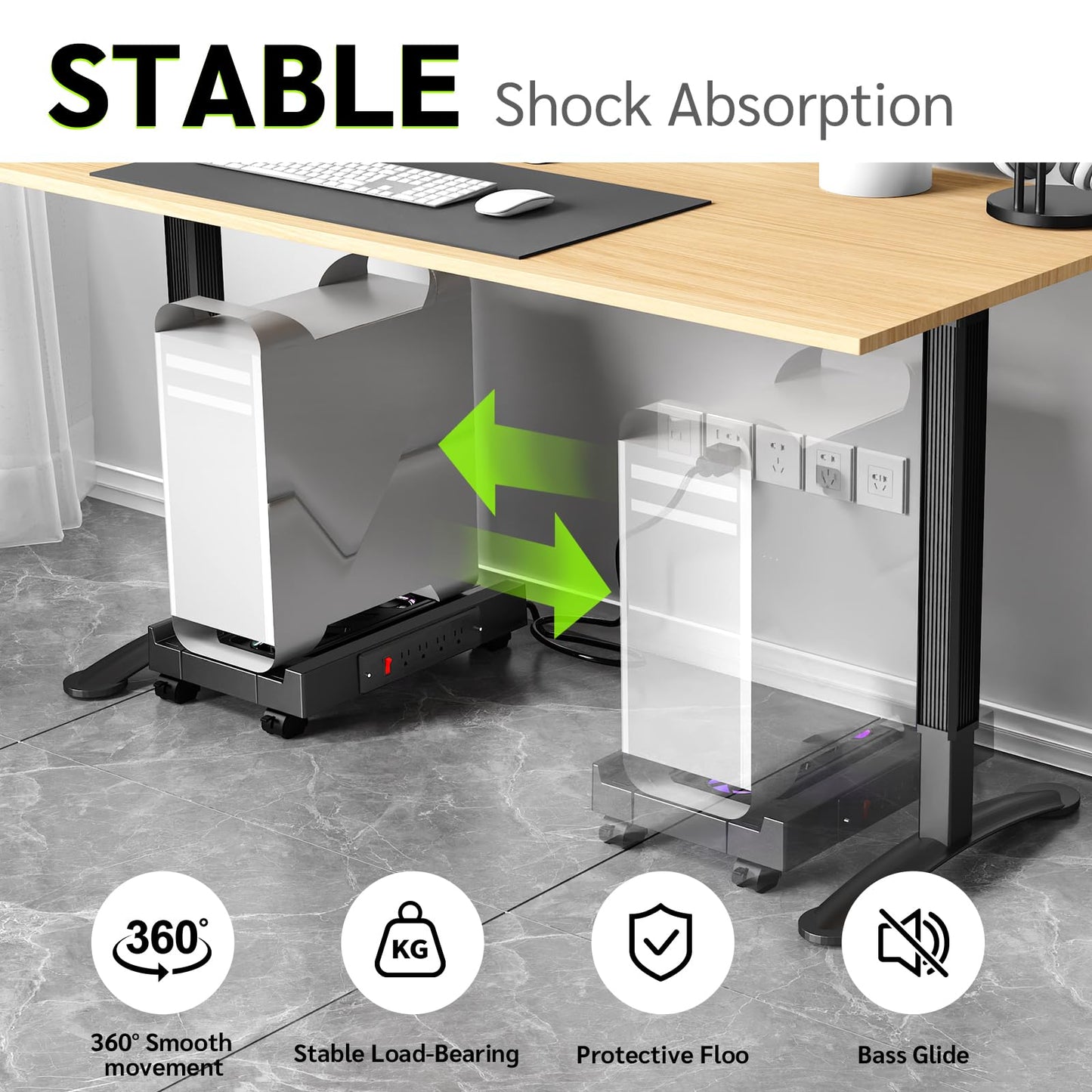 Adjustable CPU Holder with Charging Station and Cooling Fan with RGB Light,Mobile CPU Holder with 4 Rolling Casters, Under Desk CPU Bracket PC Floor Cart PC Riser for Office, Home (Socket with Fan)
